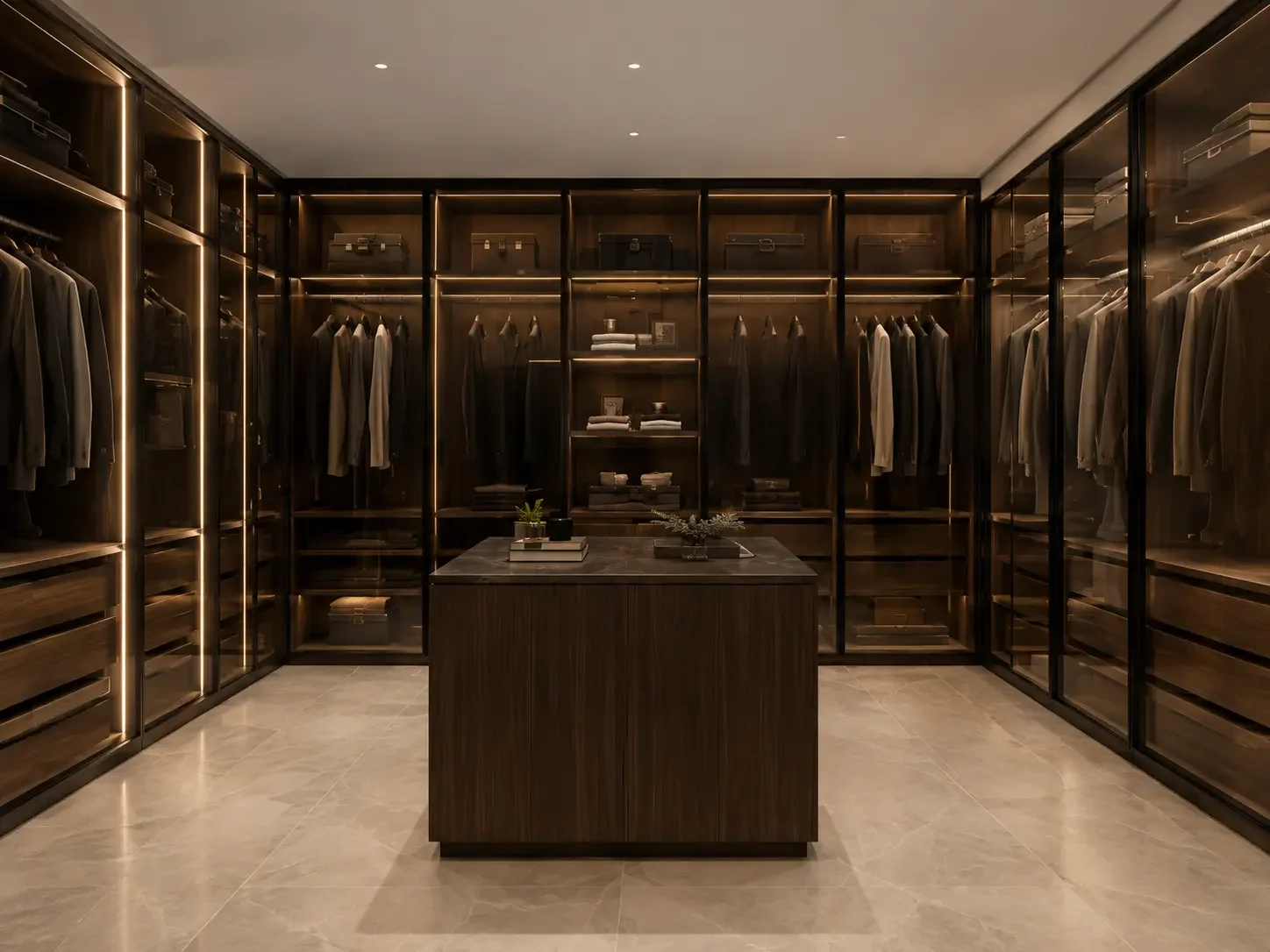 Bespoke dark walnut dressing room with illuminated glass wardrobes and central island