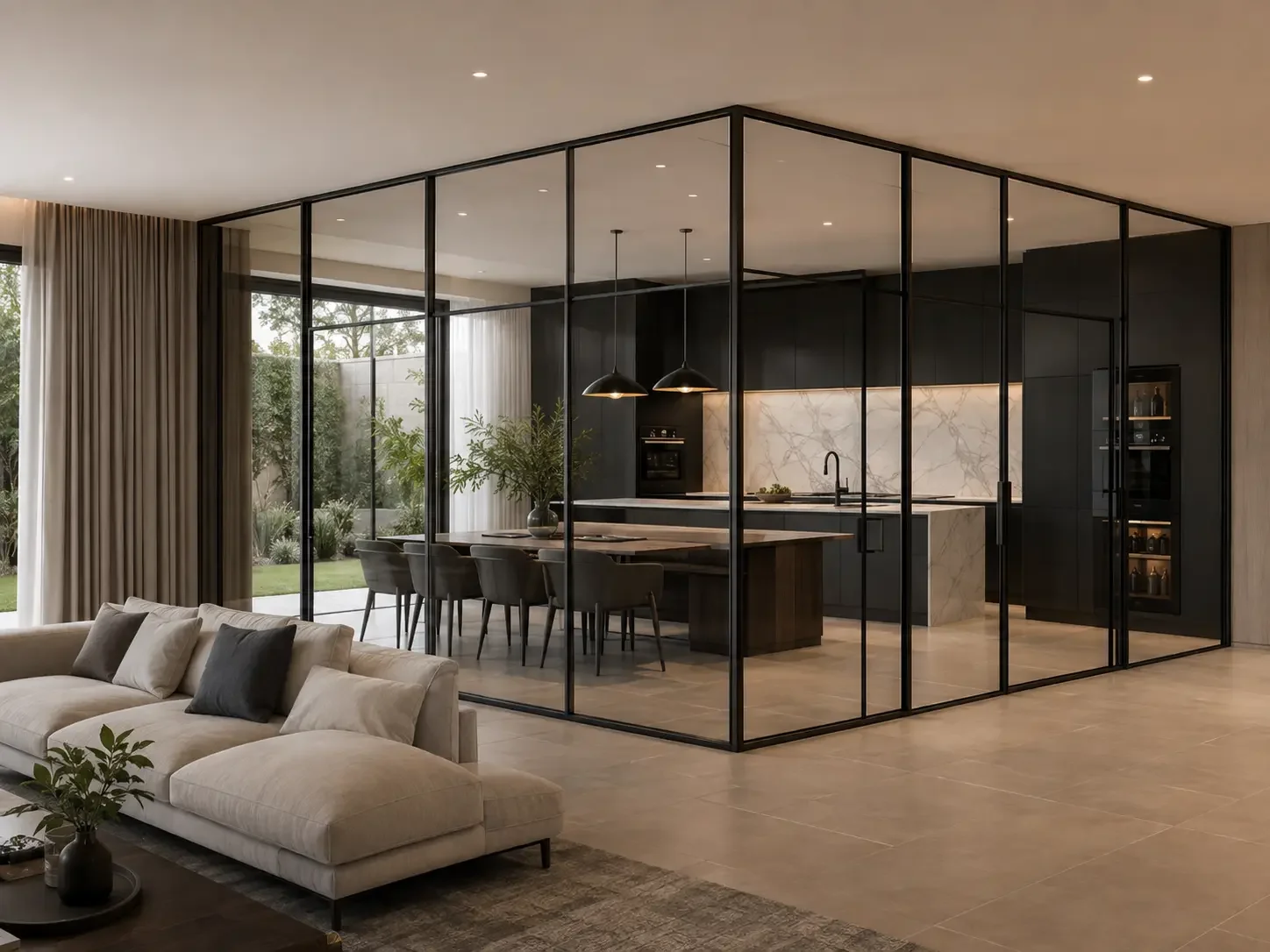 Bespoke black steel and glass kitchen pavilion viewed from a contemporary living room