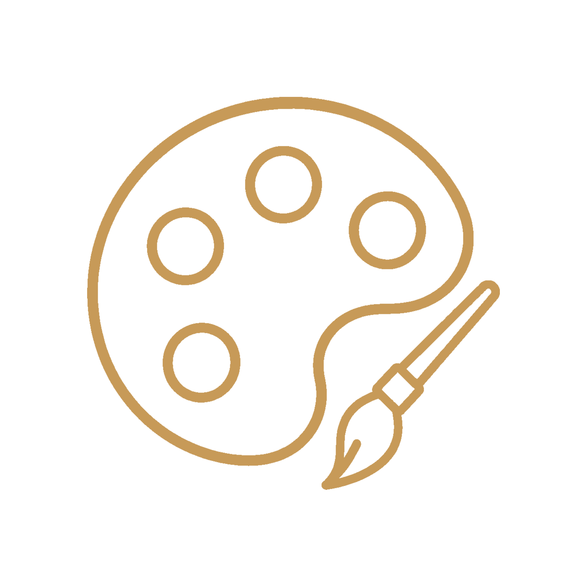 A stylized line drawing of a moon with four circles inside it and a planet with an orbit around it, in gold color on a black background.