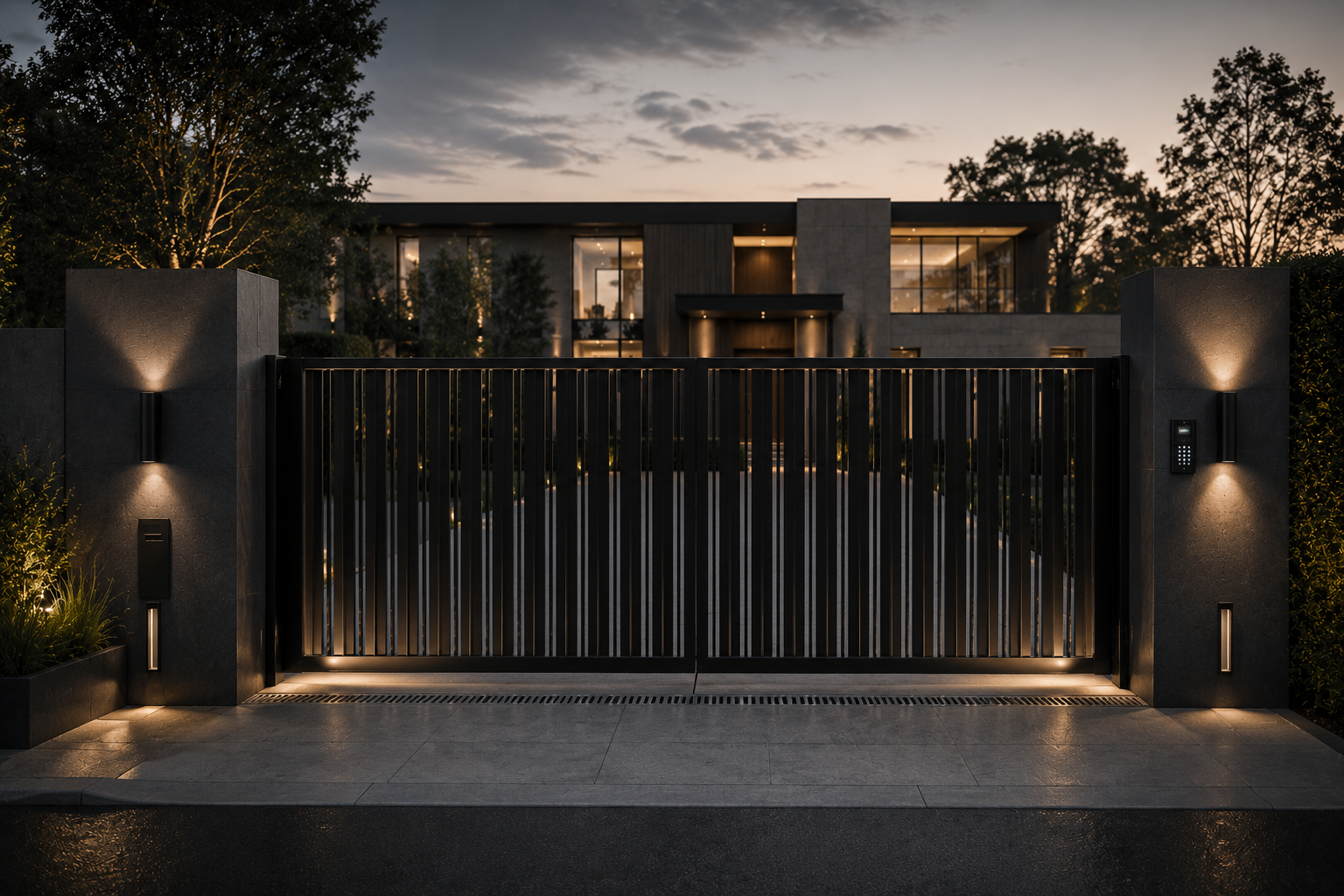 Modern mansion entrance at twilight