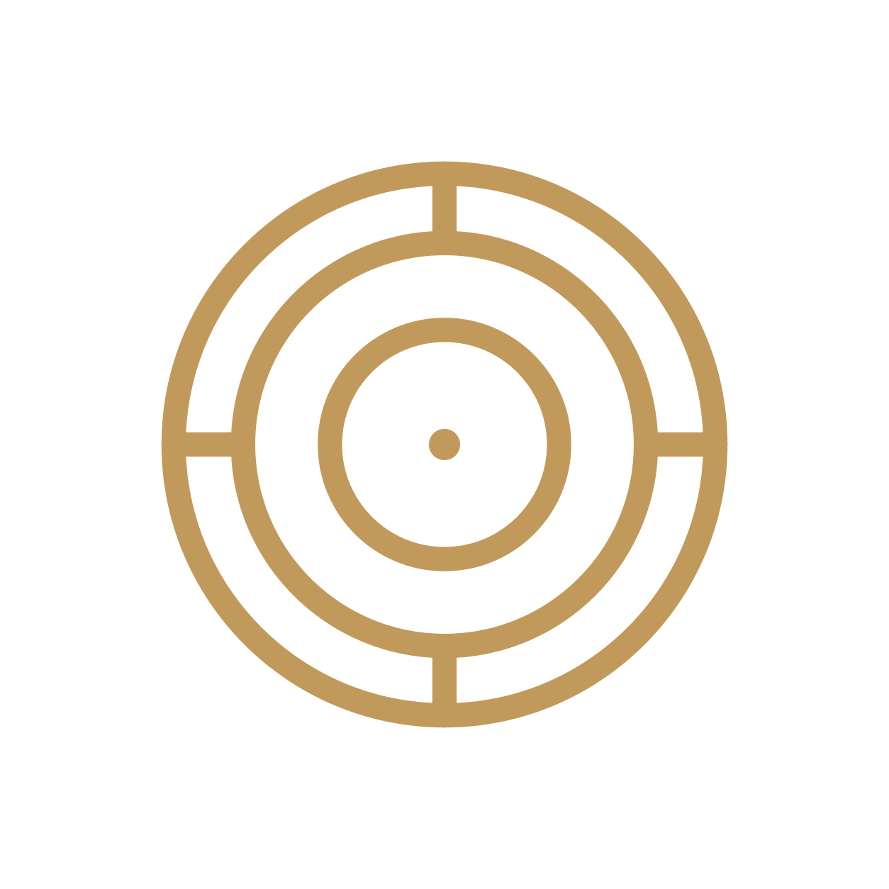 A black background with a gold concentric circle target and crosshair design in the center.