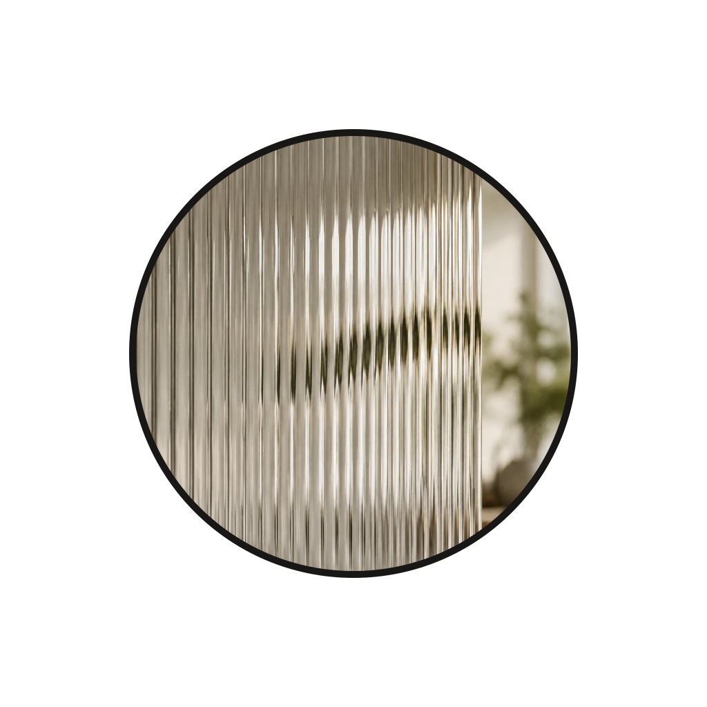 Close-up of textured, vertically ribbed glass or acrylic window with blurred indoor background.