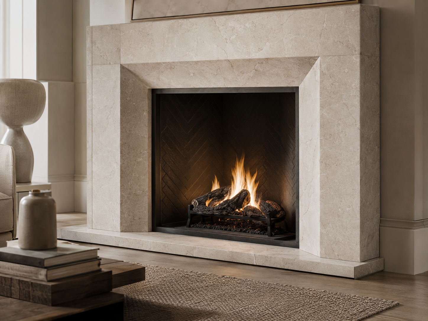 Travertine fireplace surround in a softly lit contemporary living room