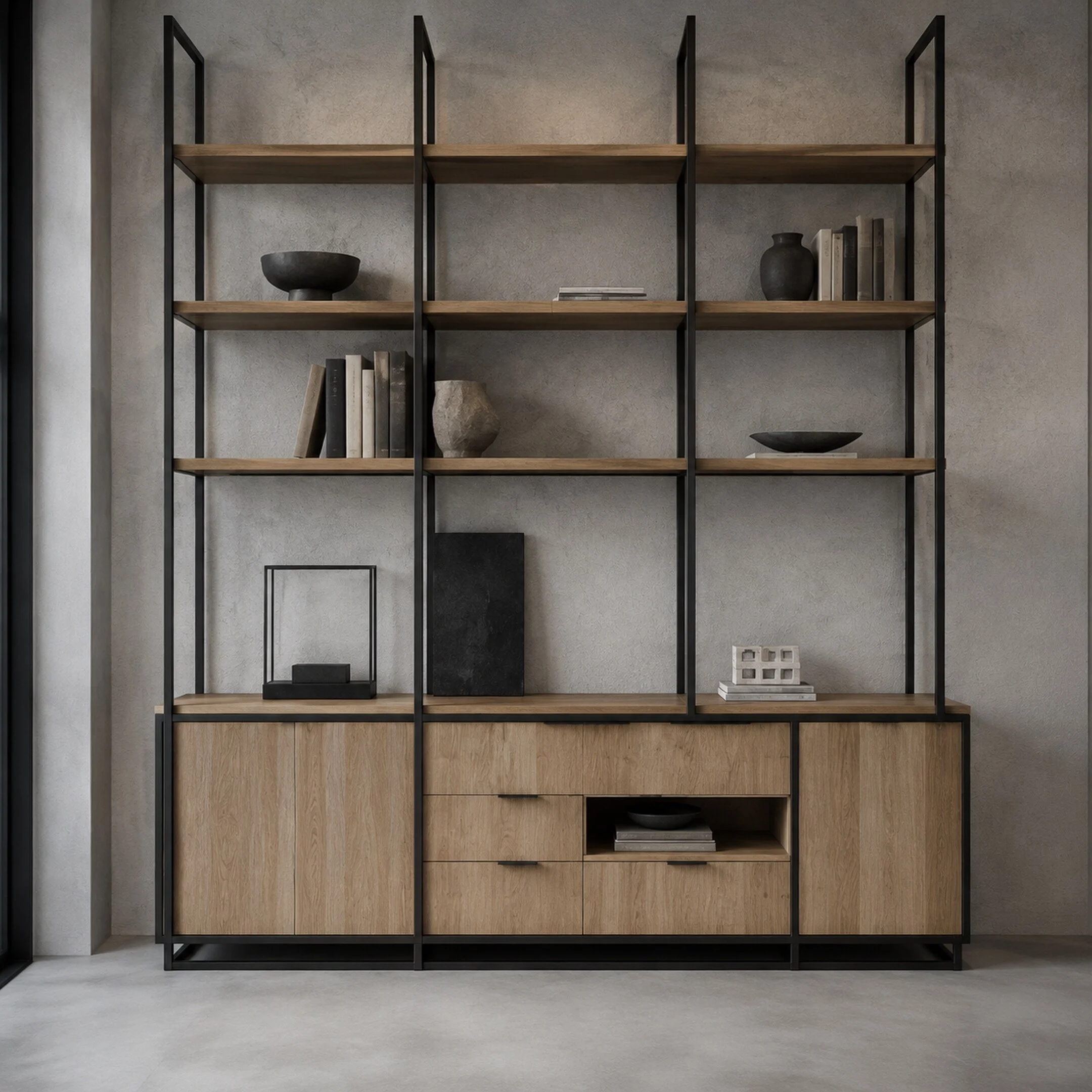 Bespoke living-room shelving combining slim black steel frames with natural oak cabinetry.