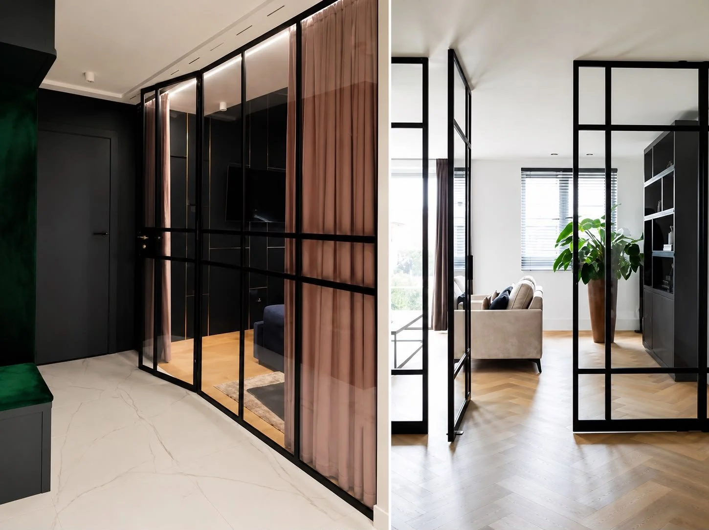 A modern interior space with a glass partition, one side featuring dark walls and a TV, and the other side with a light-colored living area with a sofa, large windows, and wooden flooring.