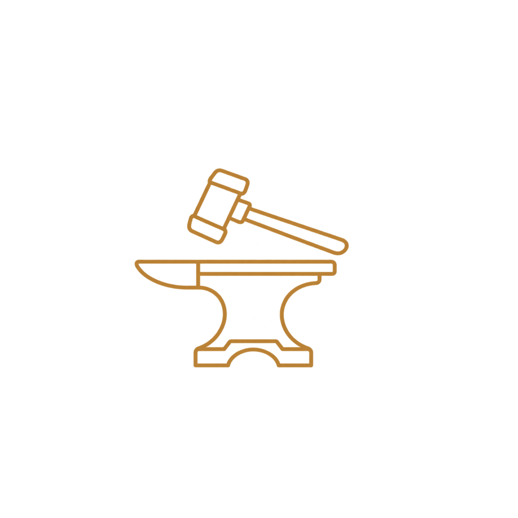 A drawing of a blacksmith's anvil with a hammer resting on top, in a simple line art style.