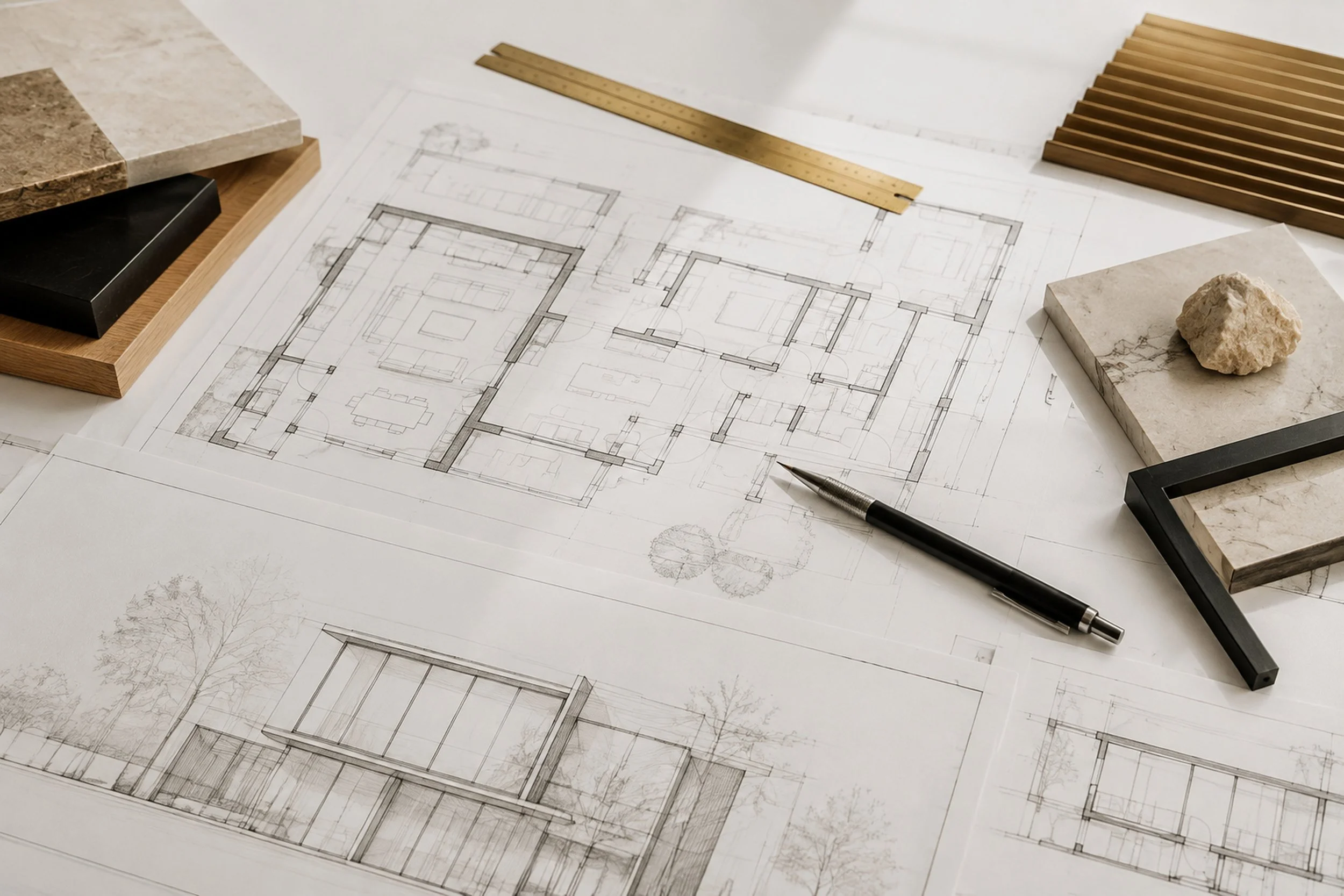 Architectural drawings, material samples and drafting tools arranged on a studio table