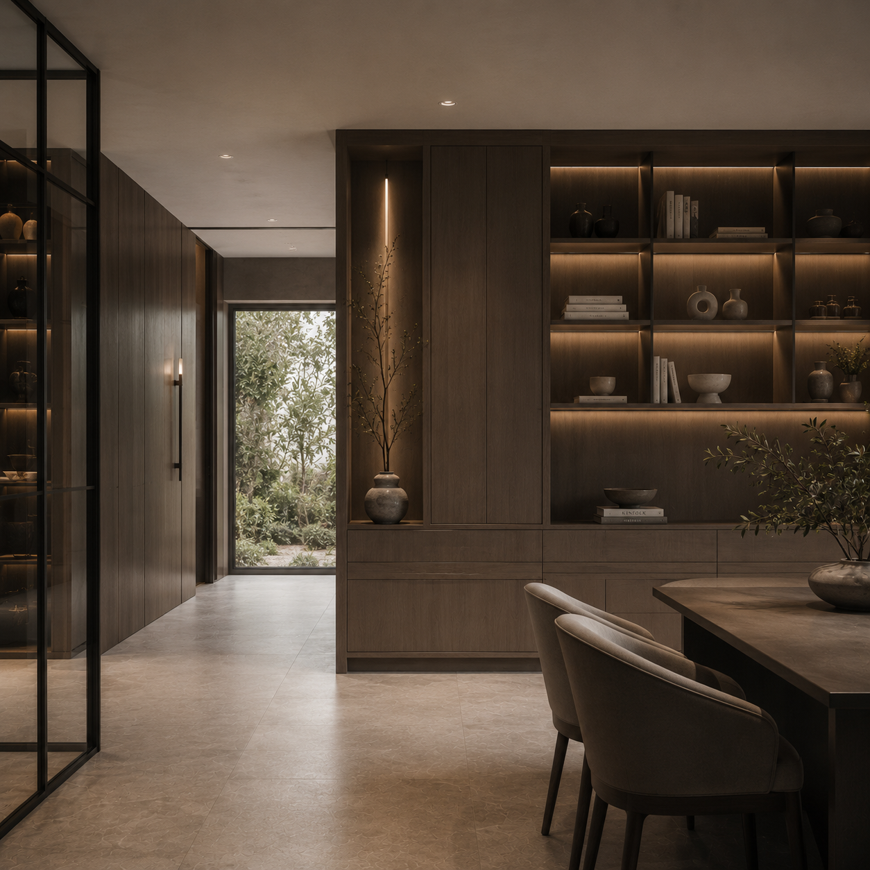 Modern dining area with a wooden cabinet and built-in shelves displaying decorative items, a large vase with branches, a window showing greenery outside, beige chairs, and ambient lighting.