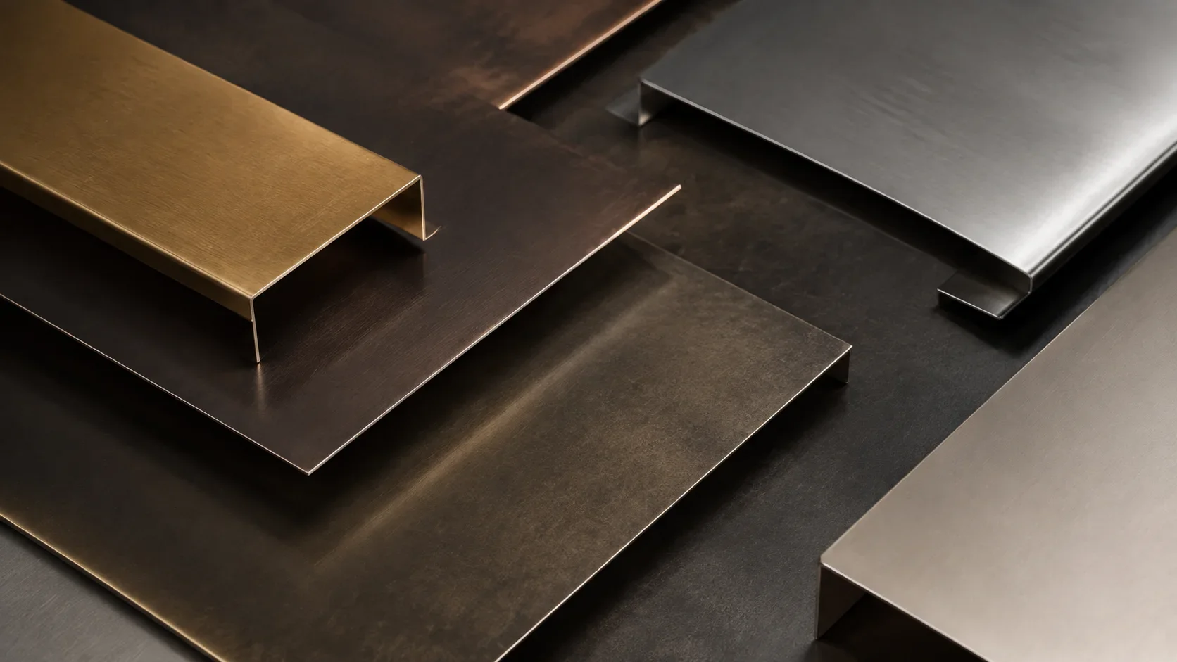 Brushed brass, bronze, stainless steel and patinated architectural metal samples