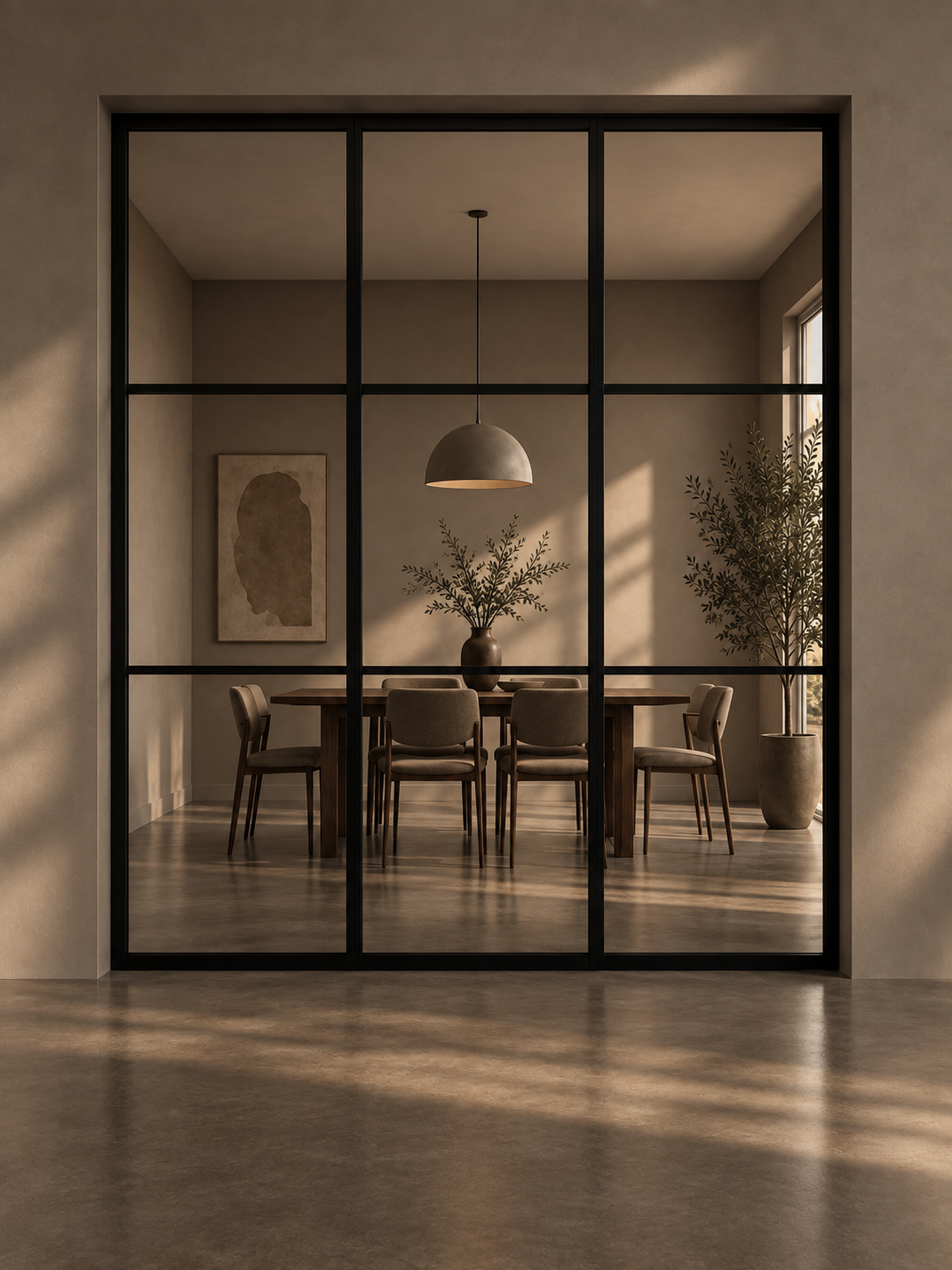 Full-height black steel and glass partition enclosing a contemporary dining room