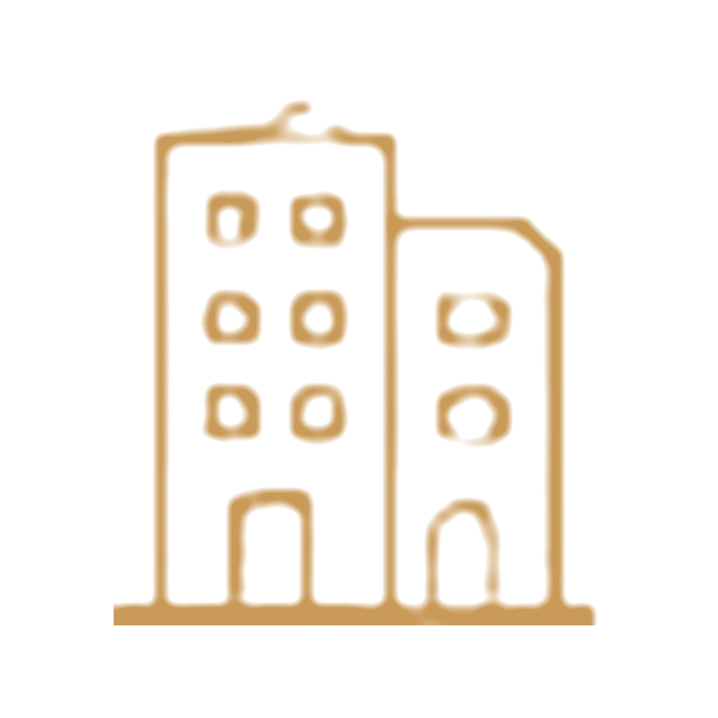 Simple line drawing of two high-rise buildings with multiple windows and arched doorways, in a brownish color.