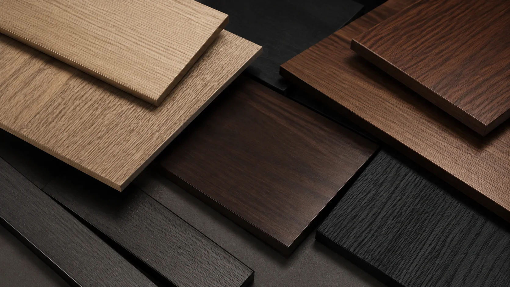 Premium oak, walnut and dark timber board samples arranged on a black surface