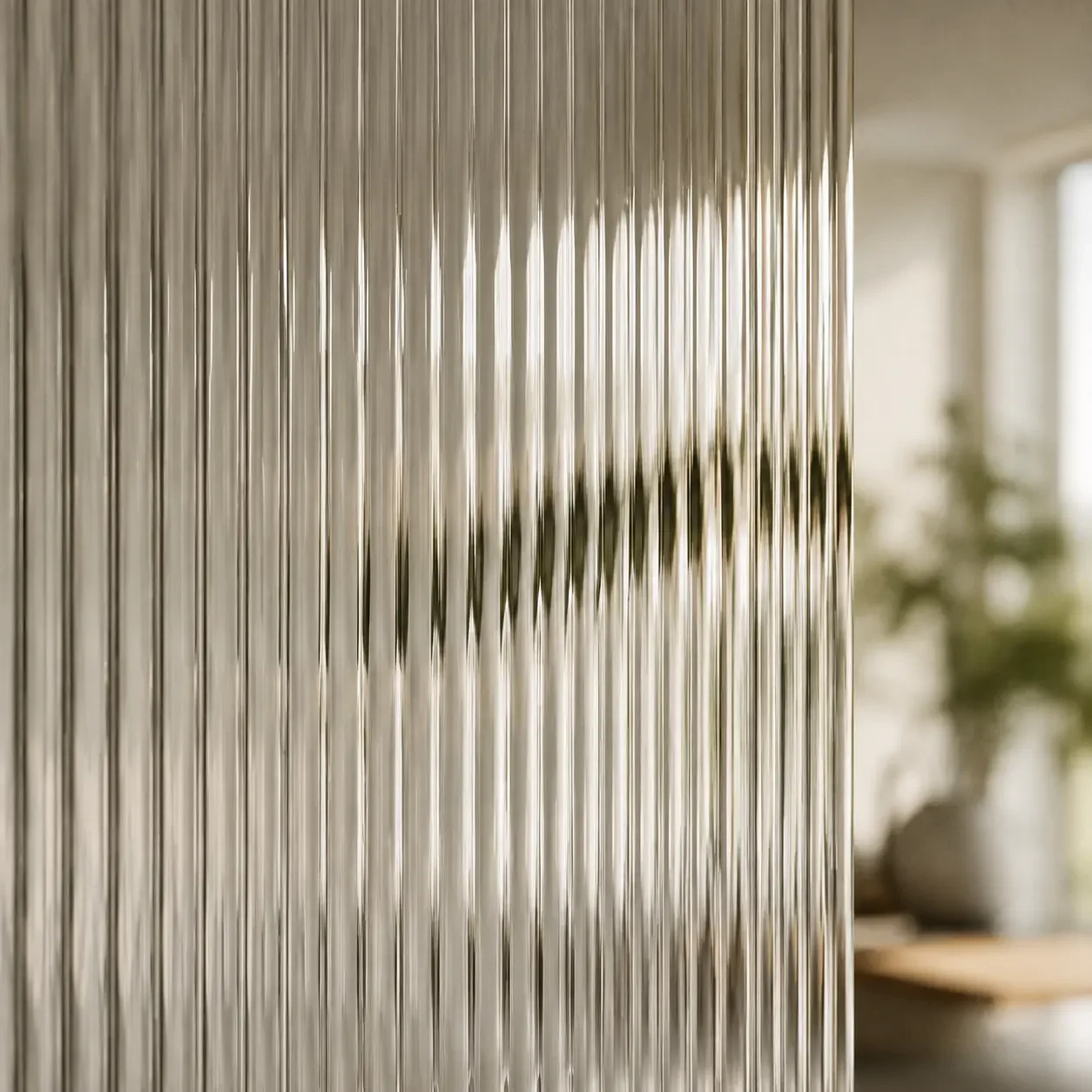 Close-up of vertical, shiny metallic rods with blurred background of a living space and plants.