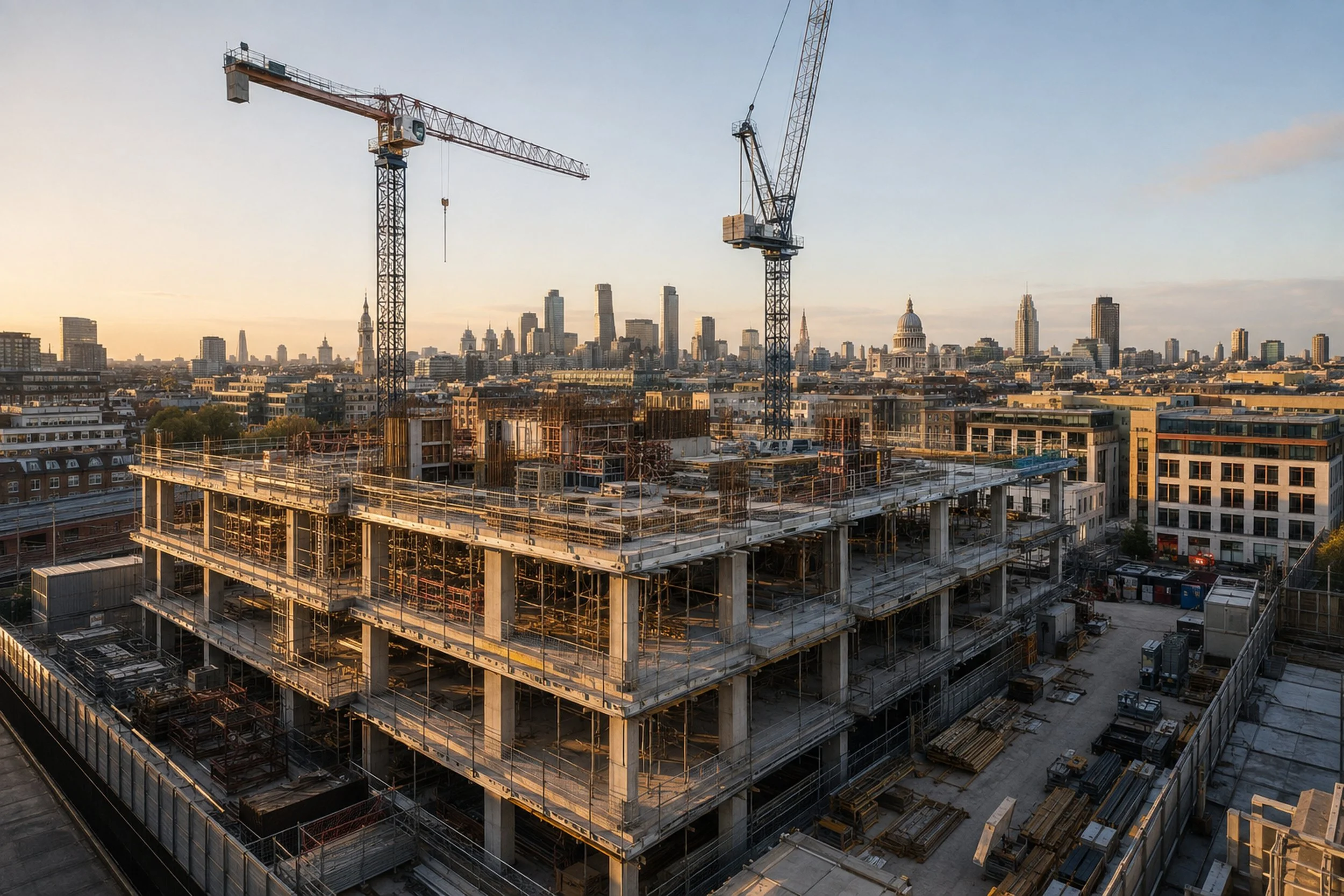 Large architectural development under construction with concrete structure and tower cranes