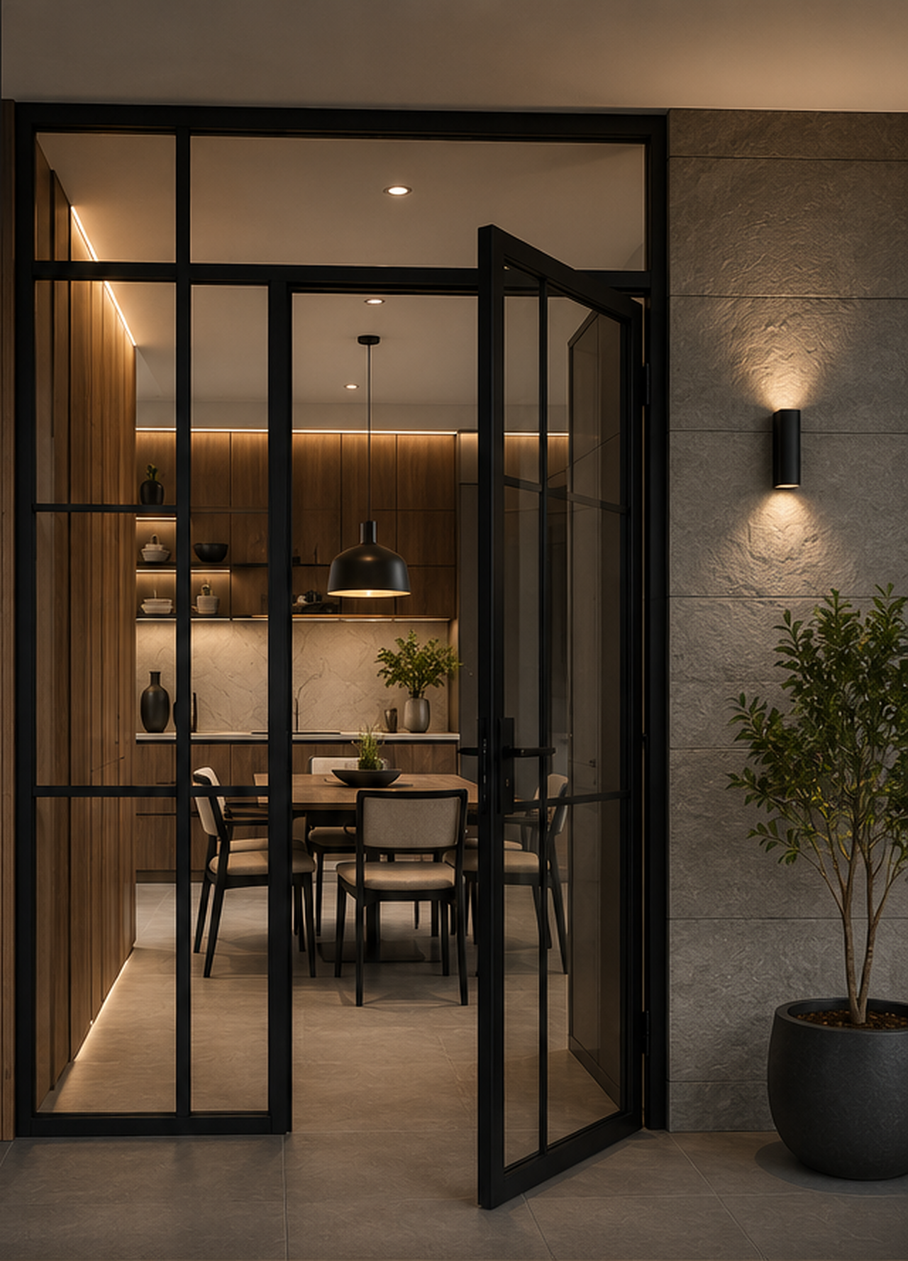 Modern dining room with glass doors, wooden cabinets, a hanging light fixture, and a table with chairs, illuminated by warm lighting.