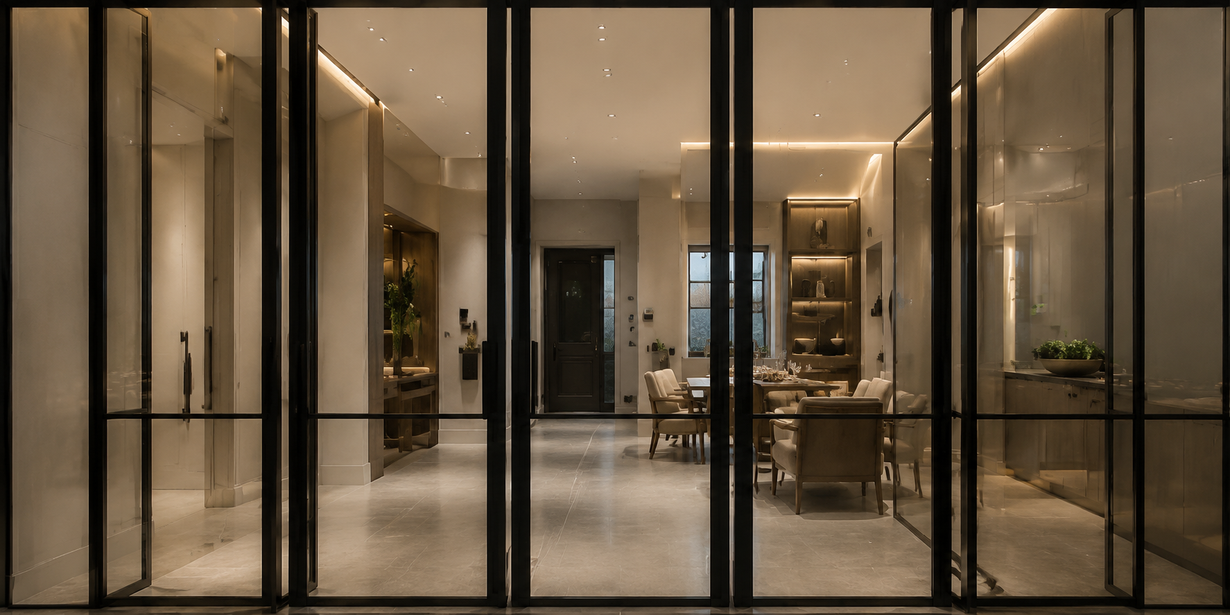 Slim black steel-framed glass partitions opening into a warm contemporary dining and living interior