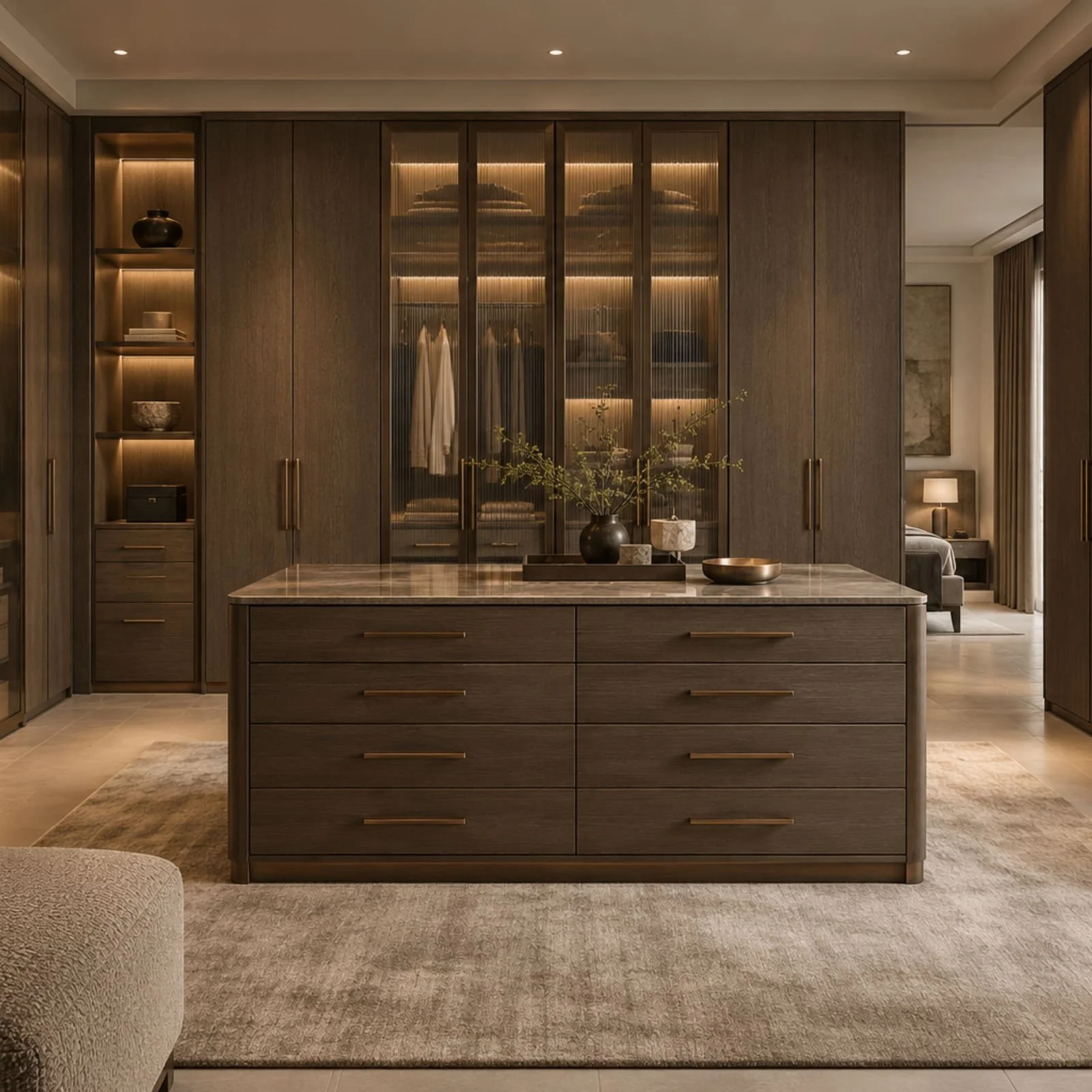 Made-to-measure smoked oak dressing room with reeded glass wardrobes, integrated lighting and central storage island