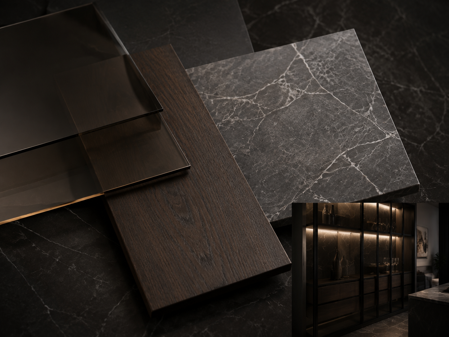 Smoked Glass + Dark Timber + Pietra Grey