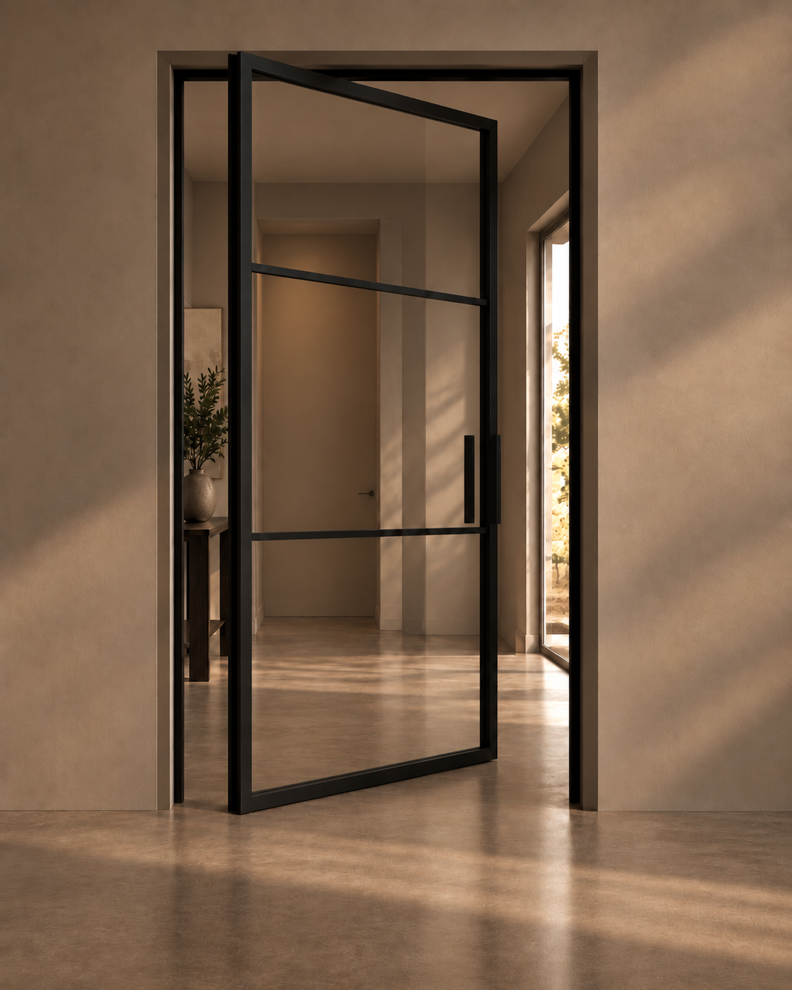 Bespoke black steel pivot glass door with slim architectural frame