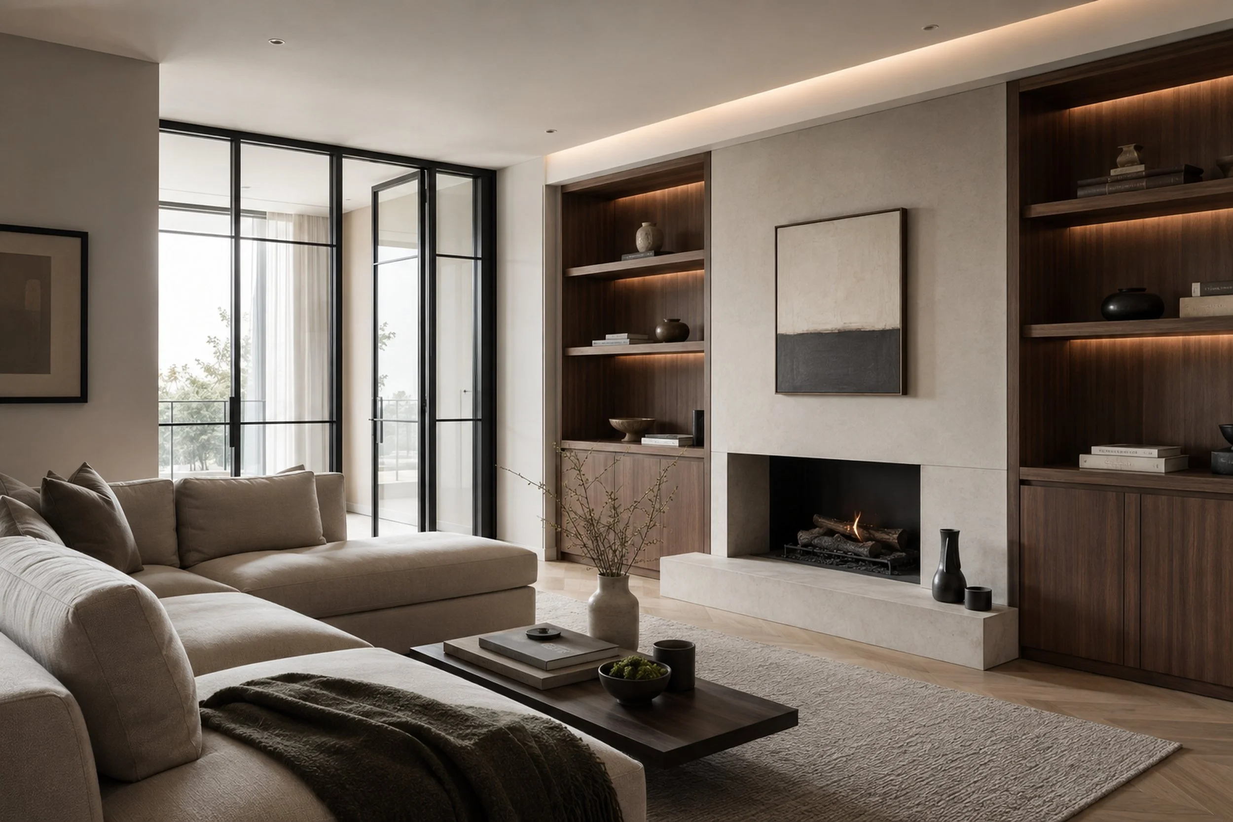 Bespoke contemporary living room with walnut cabinetry, stone fireplace and black steel glazing