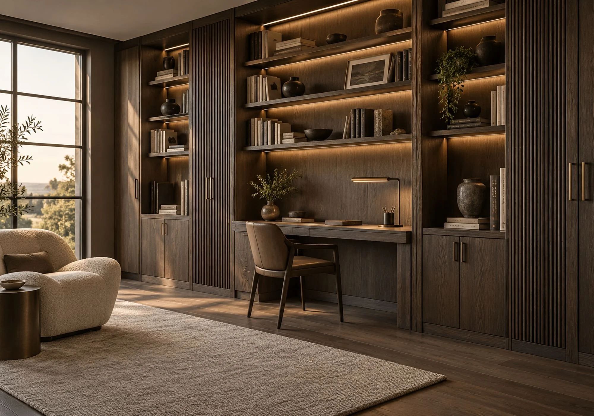 Bespoke smoked oak home study and library with integrated desk, shelving and concealed storage