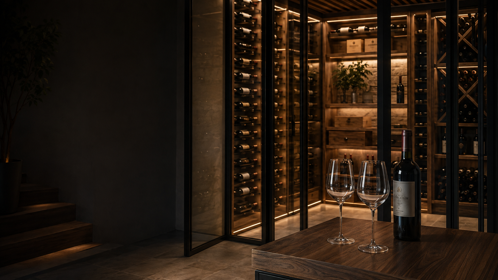Luxury wine cellar combining black steel, glass and illuminated timber cabinetry