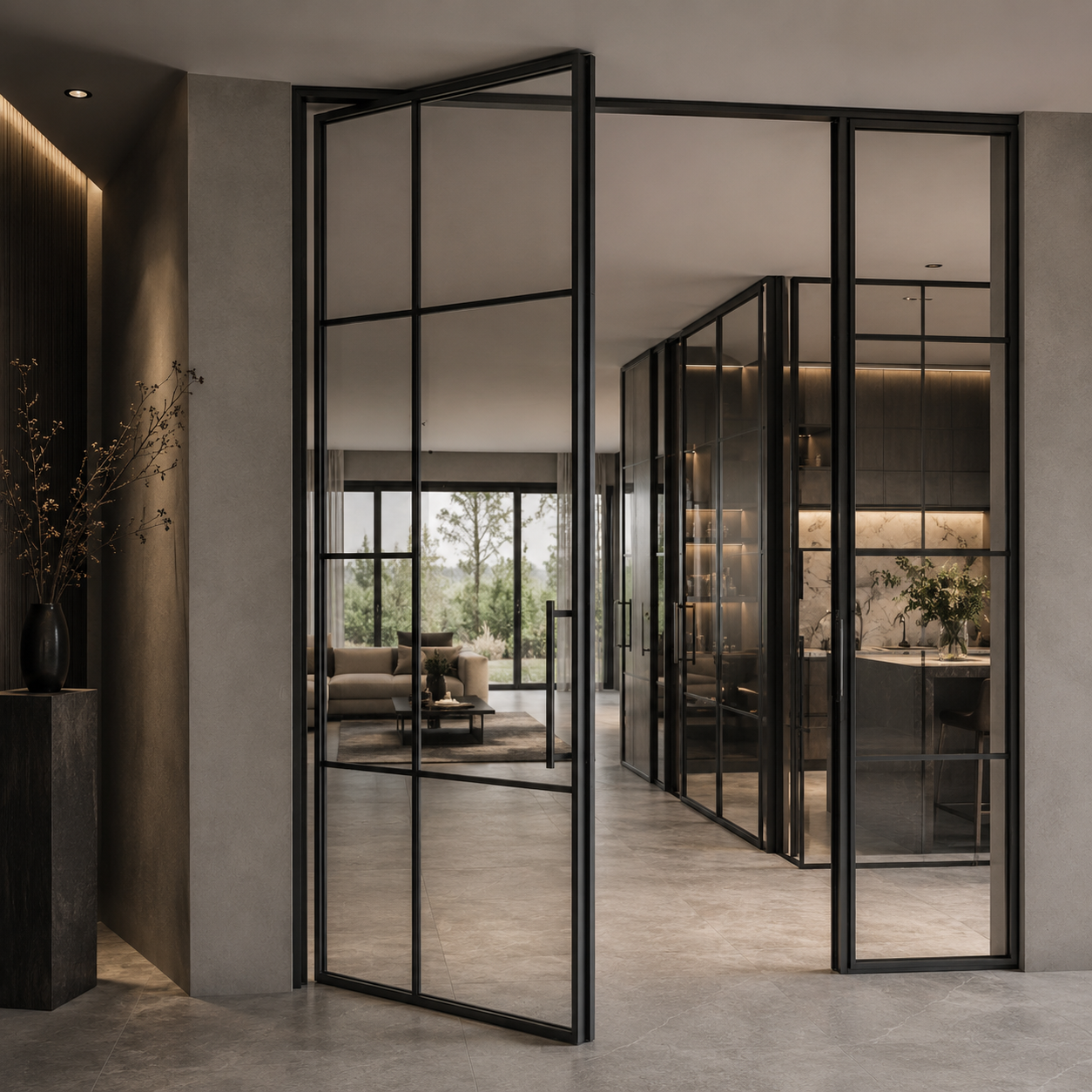 Modern interior view through black metal-framed glass doors, revealing a living room with a beige sofa, coffee table, and large window with trees outside, connected to a kitchen area with dark cabinetry and a vase of green plants.