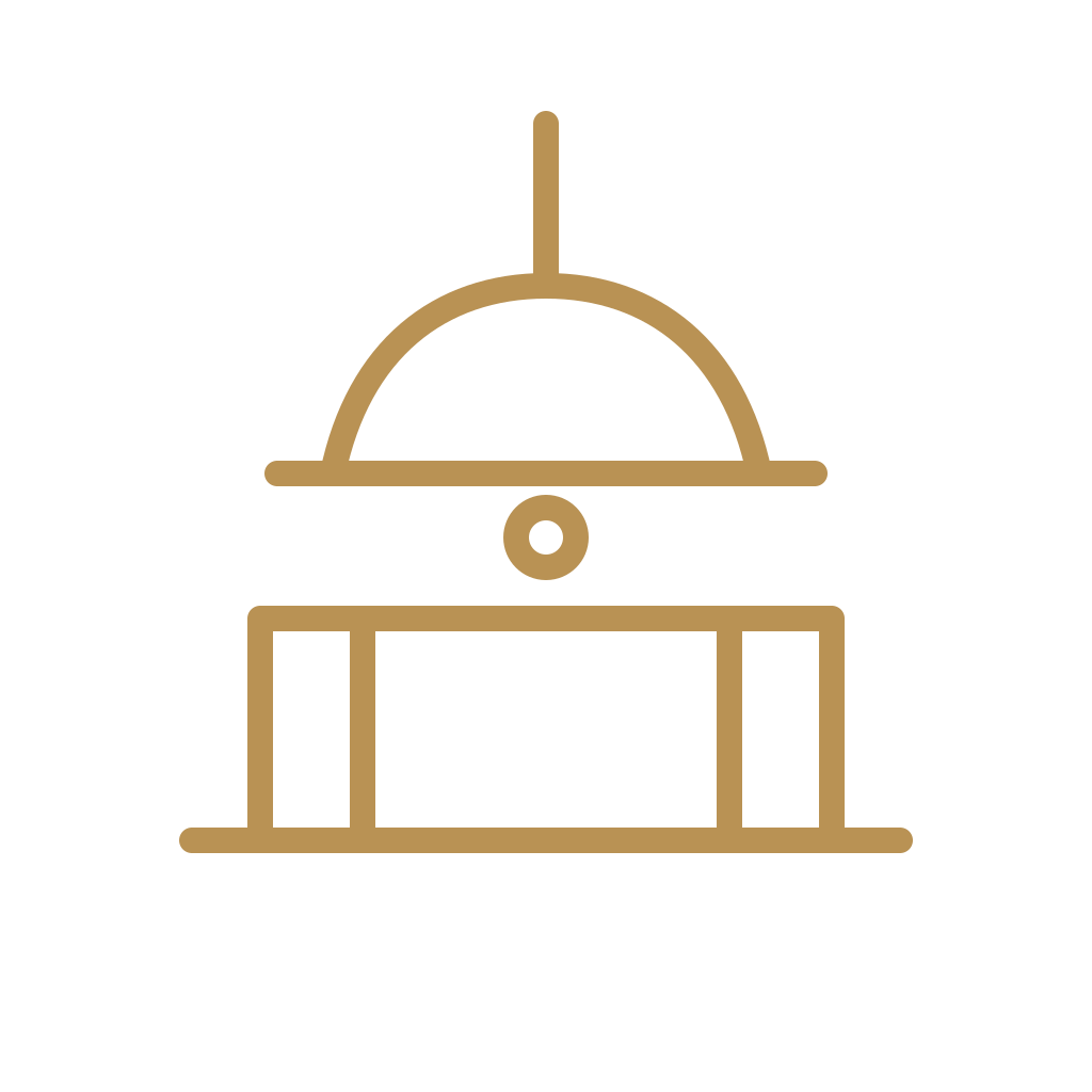 Minimalist gold line drawing of a pizza oven on a stand.