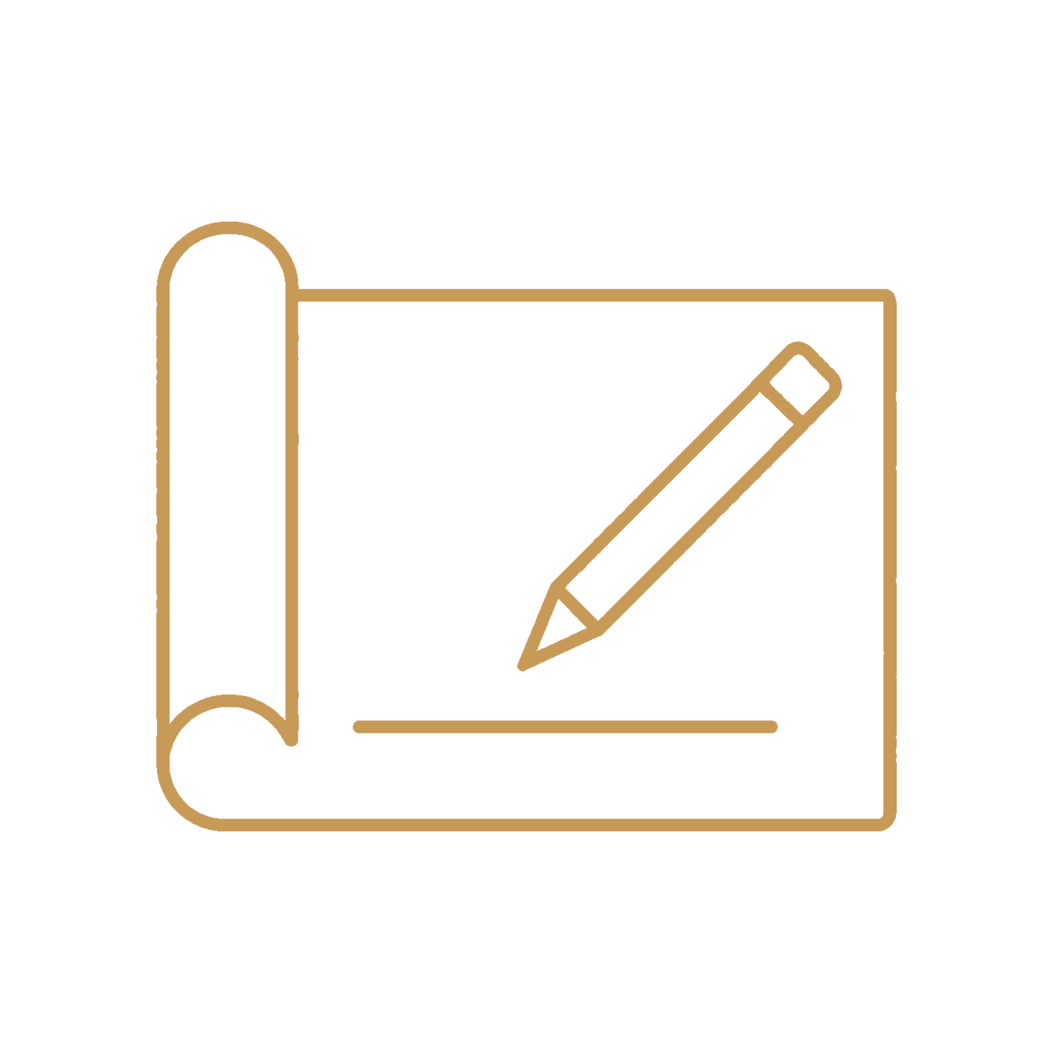 Outline illustration of a ruler, a pencil, and a notebook.