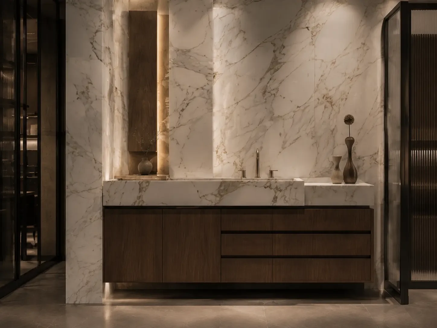 Calacatta marble vanity and wall installation with integrated lighting