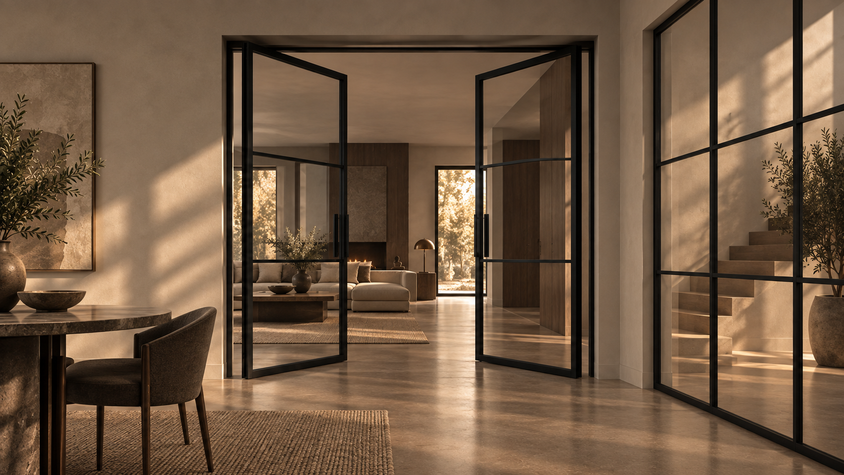 Made-to-measure black steel and glass double doors in a refined contemporary interior