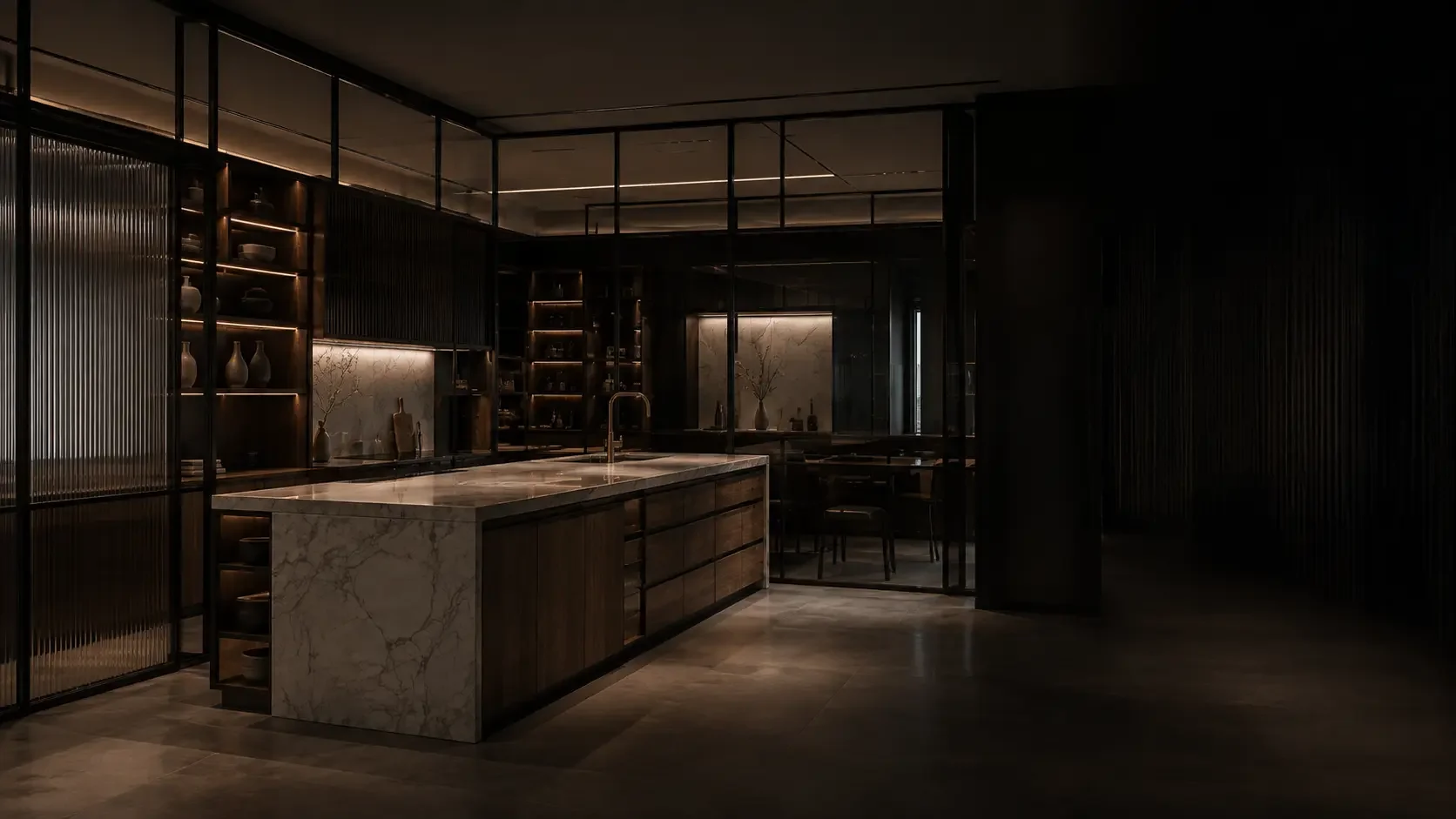 Dark bespoke kitchen combining walnut cabinetry, marble and black steel-framed glass