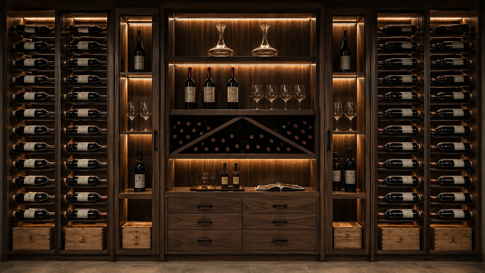 Made-to-measure timber wine cabinets with bottle racks, drawers and integrated lighting