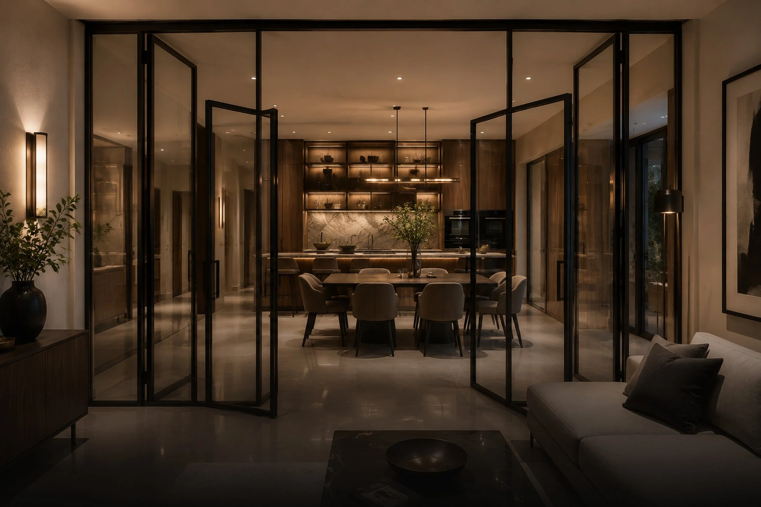 Slim steel-framed doors and partitions crafted for light, flow and proportion.