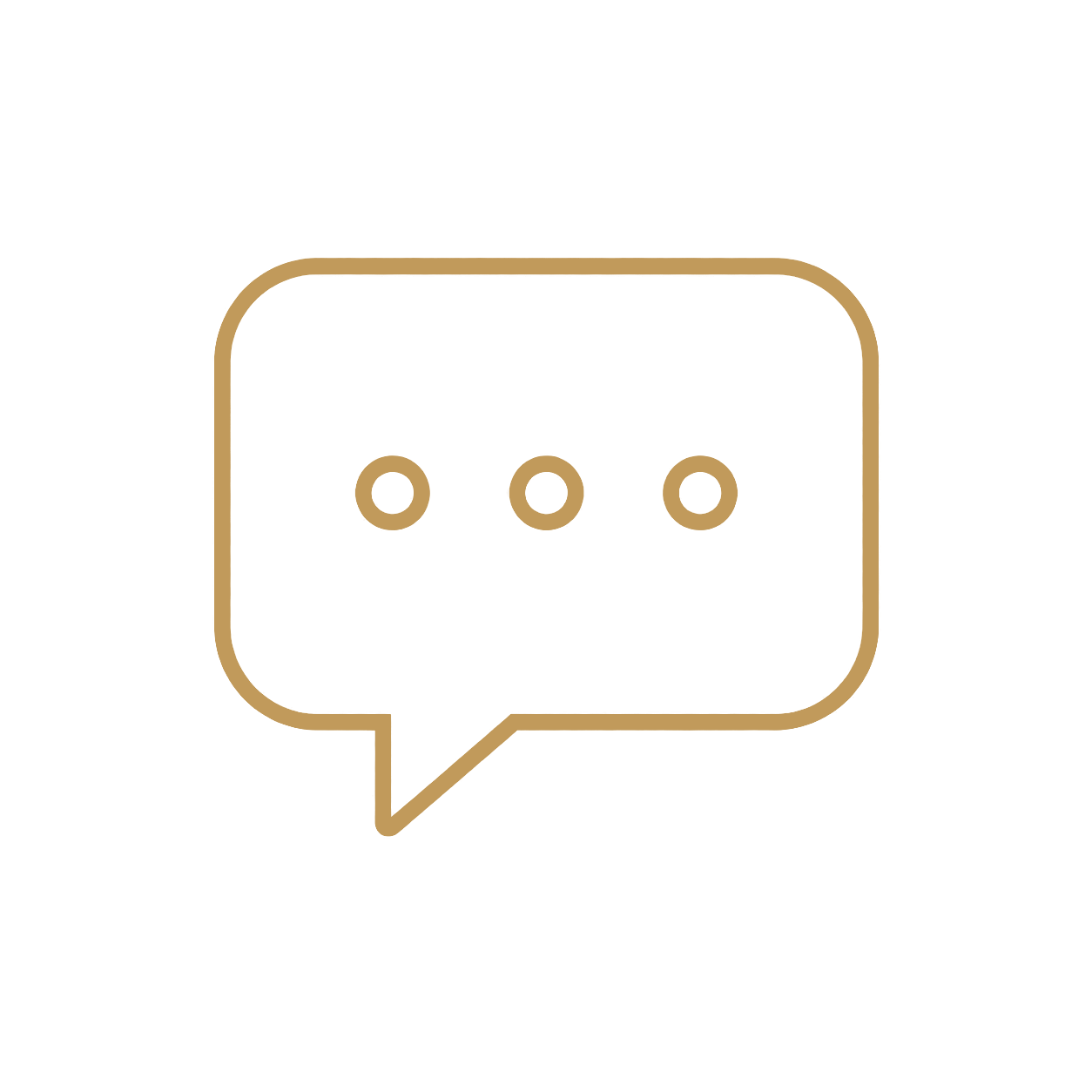 A speech bubble icon with three dots inside, outlined in gold, on a black background.