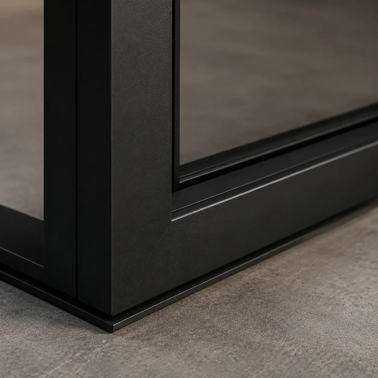 Close-up of a black metal frame, possibly part of a piece of furniture or a display case, resting on a gray surface.