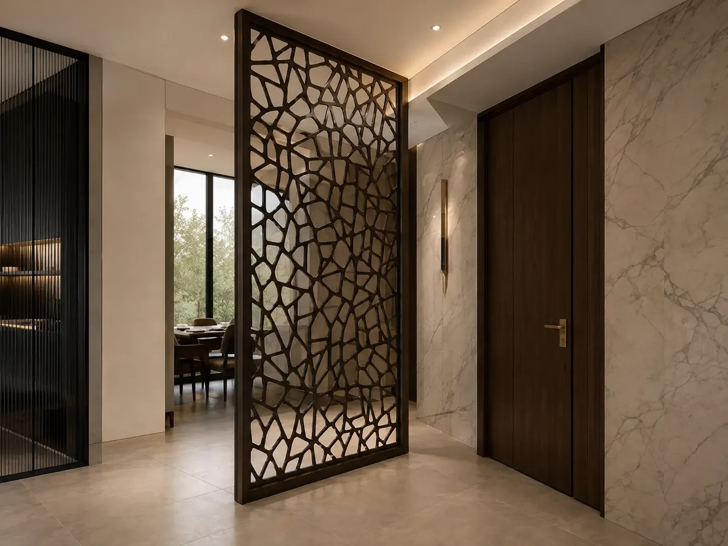 Bespoke CNC-cut decorative metal screen integrated into a luxury hallway