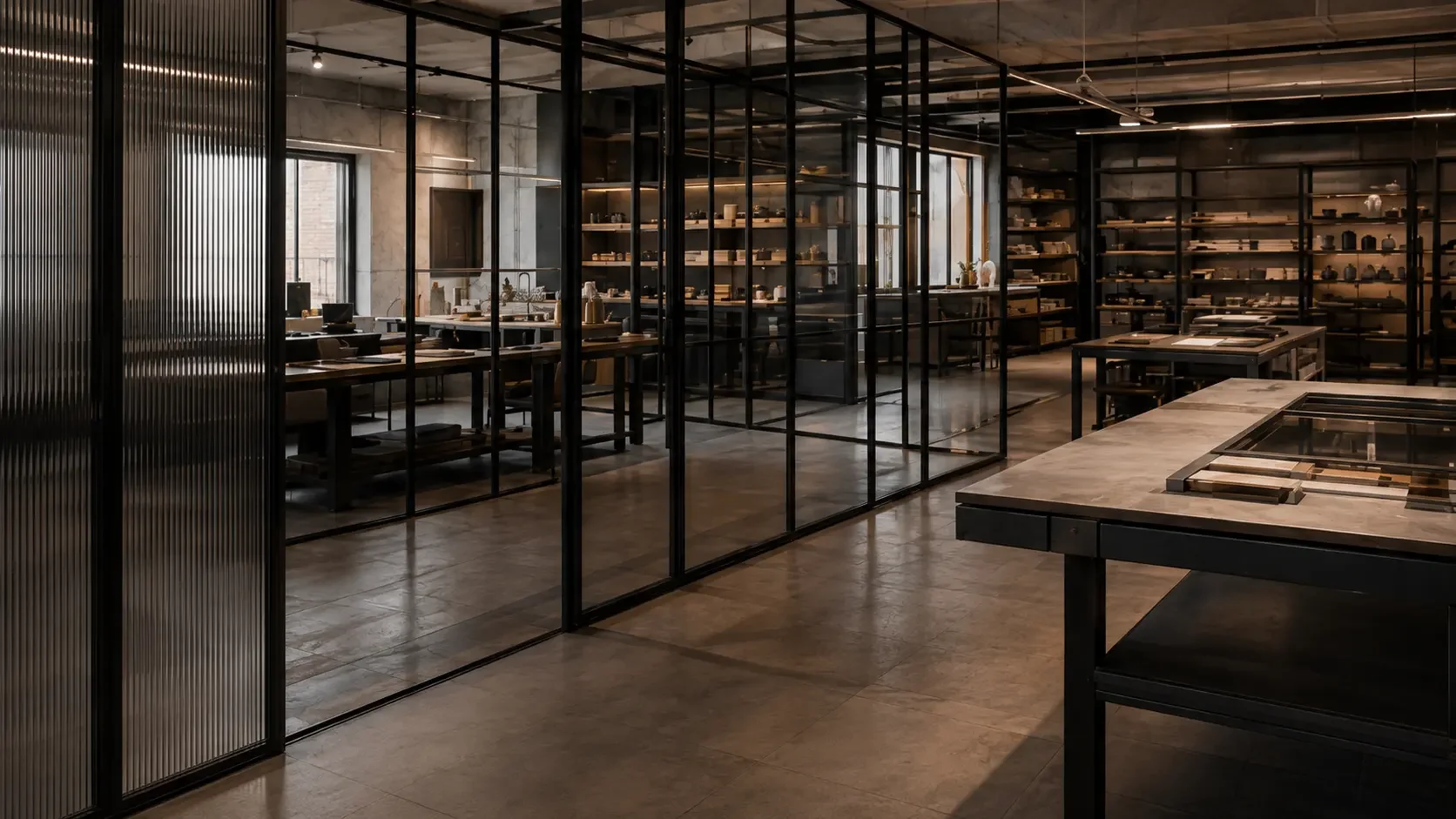 Bespoke design workshop with black steel glazing, material tables and illuminated shelving
