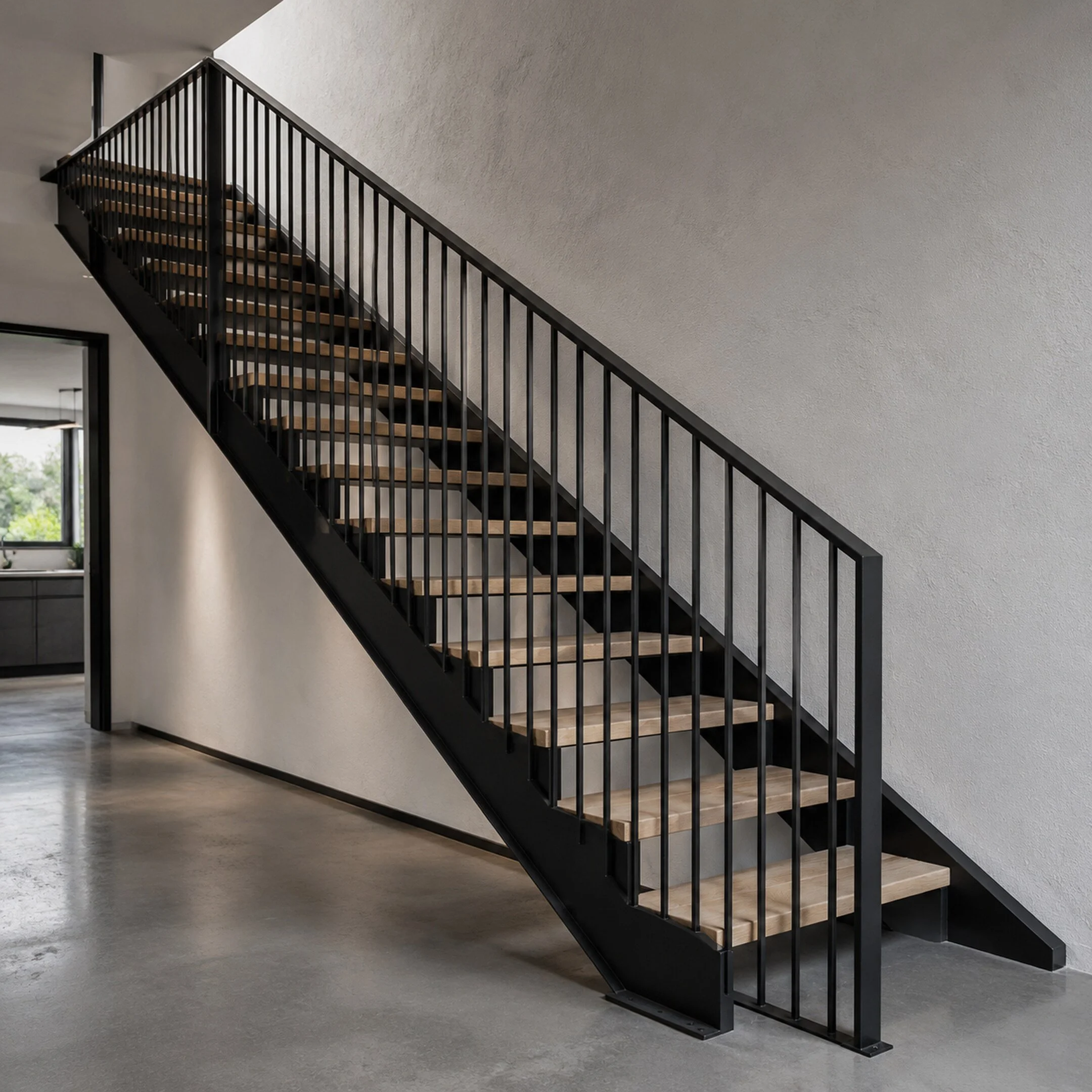 Straight architectural staircase with black steel stringers, vertical balustrades and natural oak treads.