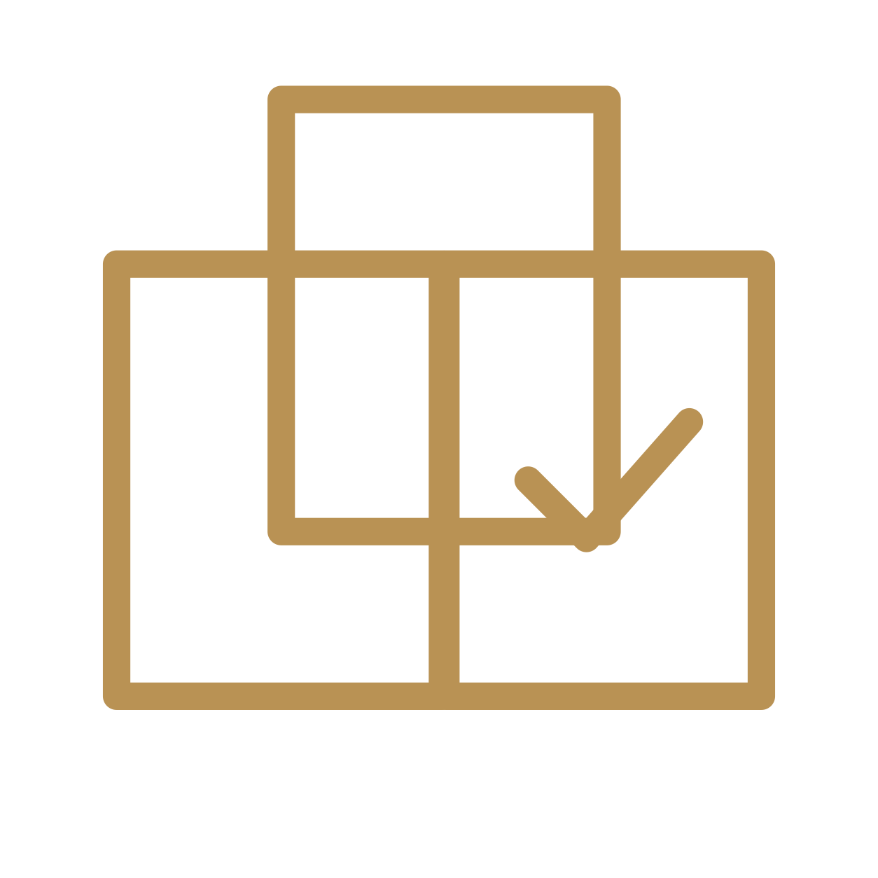 A gold outline of a storage cube with a checkmark inside a smaller cube, indicating organization or completion.