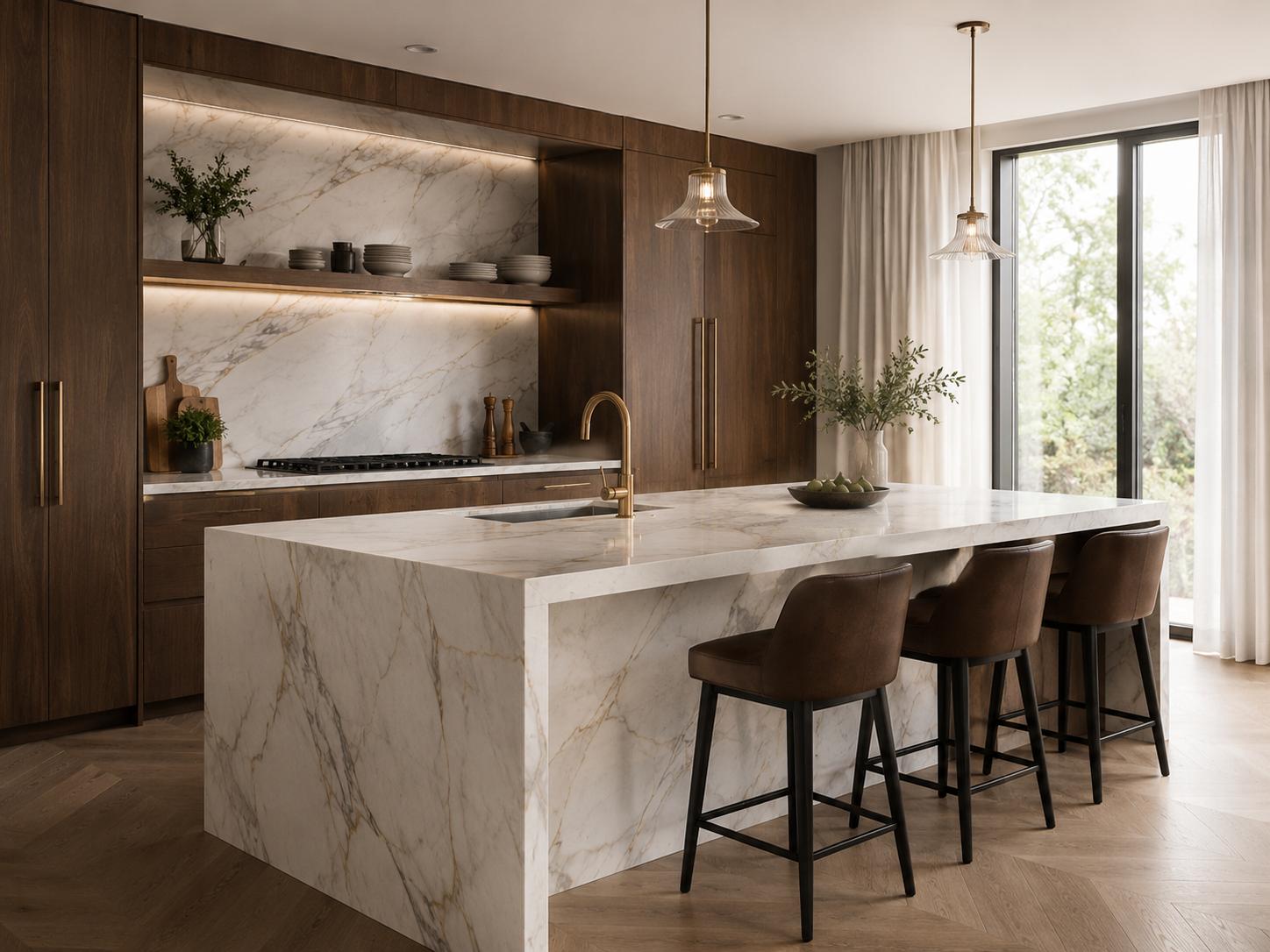 Monumental natural stone island in a dark contemporary kitchen