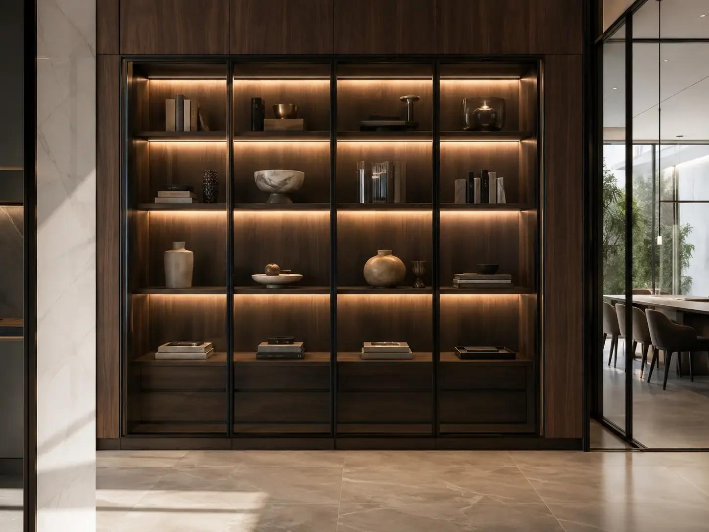 Illuminated bespoke walnut display cabinet with black steel-framed glass doors