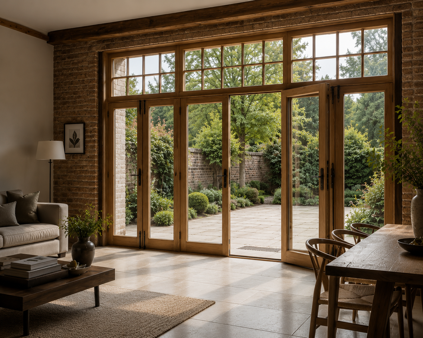 Living room with large wooden-framed glass doors opening to a garden with trees and bushes.