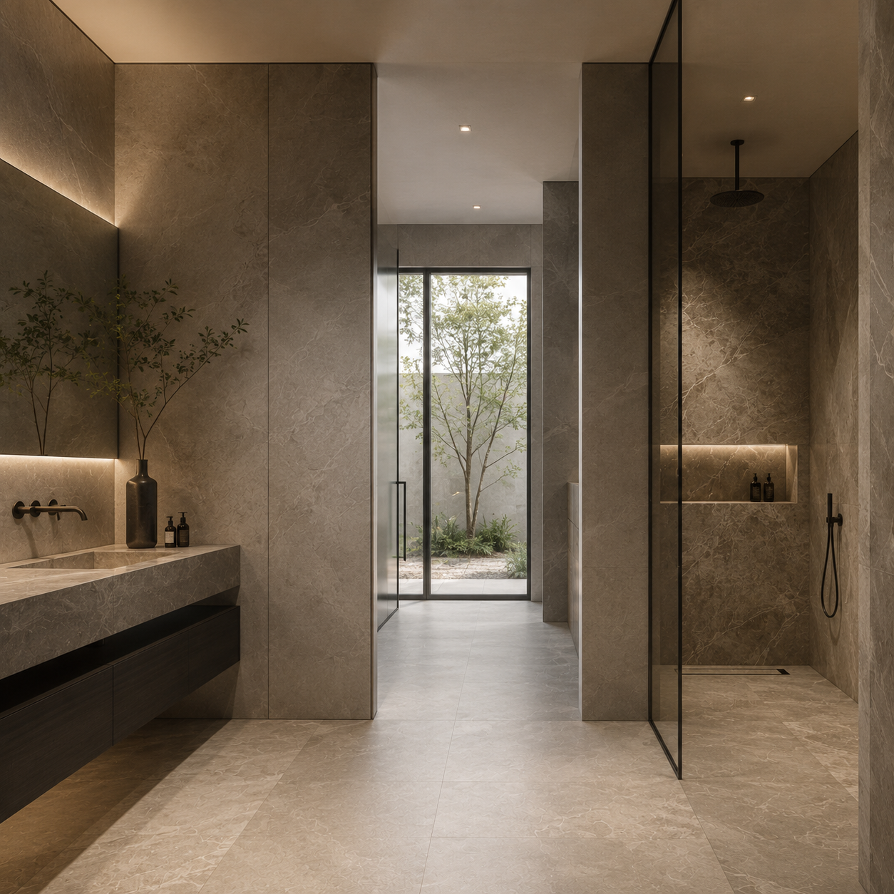 Modern bathroom with beige marble walls and flooring, a walk-in shower on the right with a built-in niche, and a vanity on the left with a black vase and soap bottles, large glass door leading to an outdoor garden with trees visible.