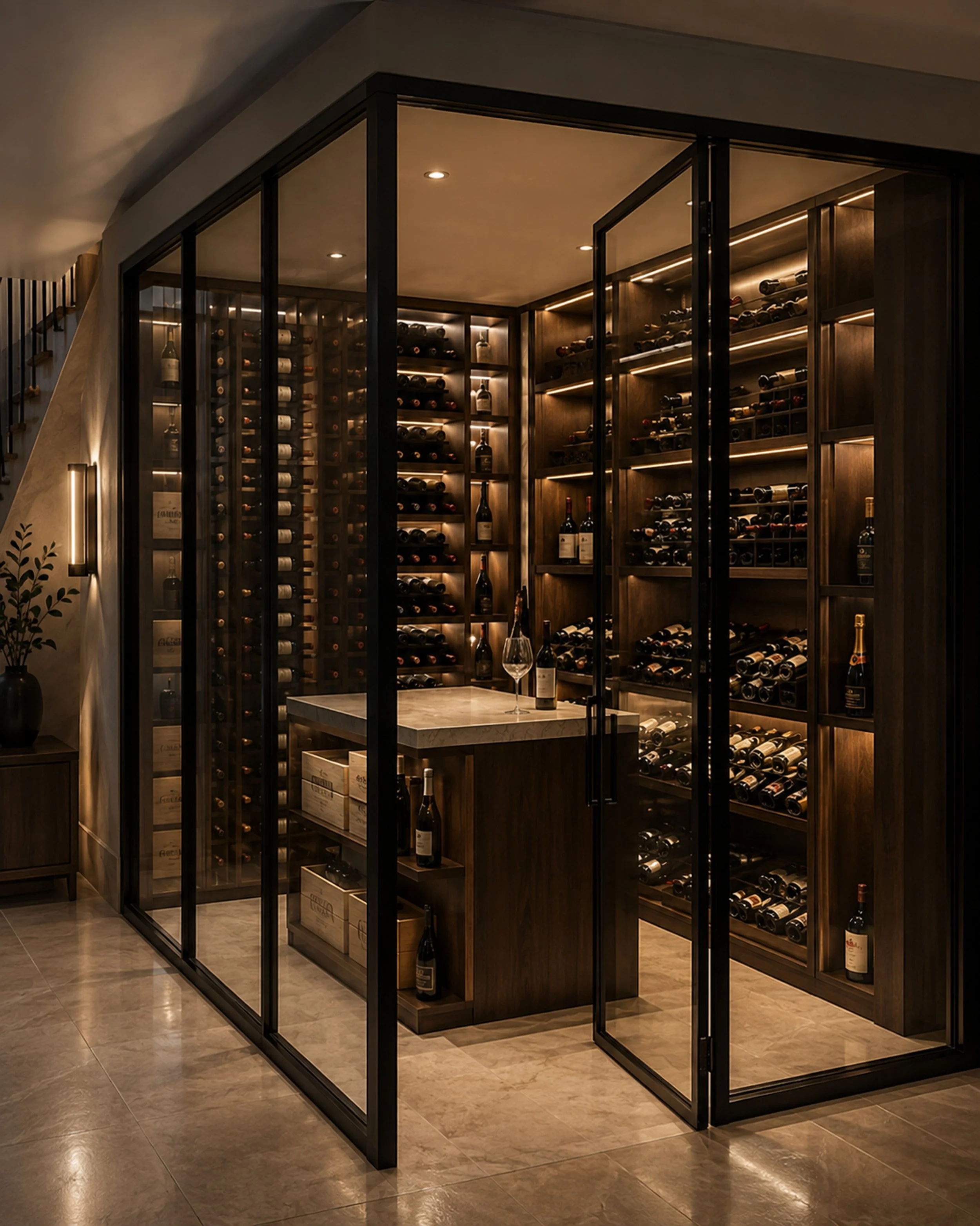 Bespoke walnut wine cellar enclosed by slim black steel-framed glass doors