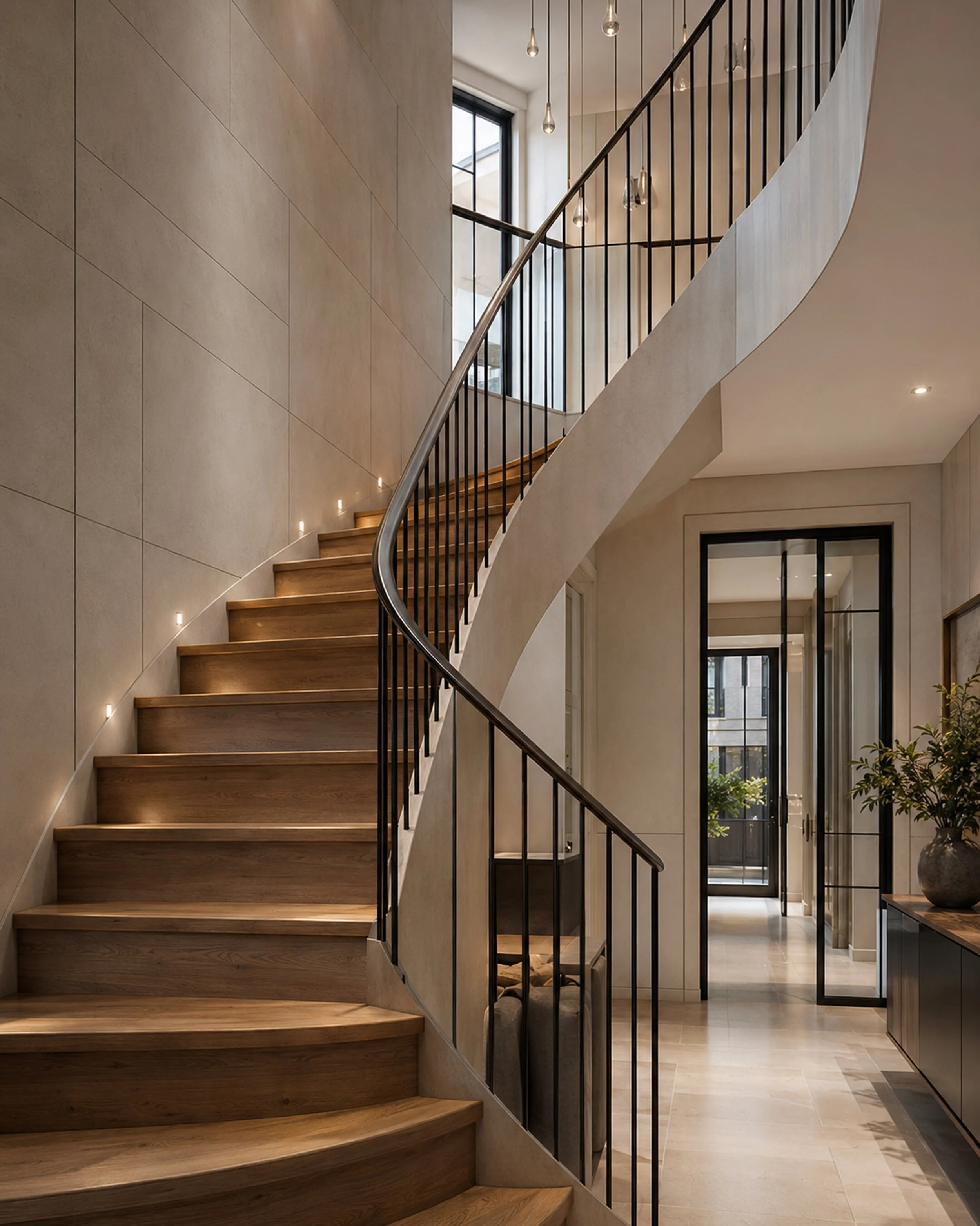 Curved oak staircase with a slim black steel balustrade in a double-height hallway