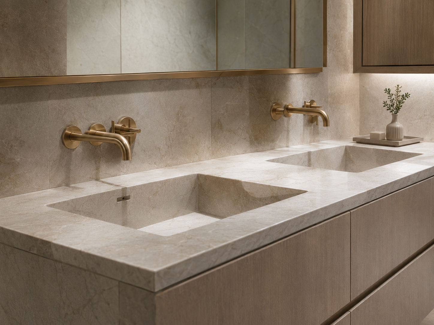 Pale limestone double vanity with integrated basins and brass taps
