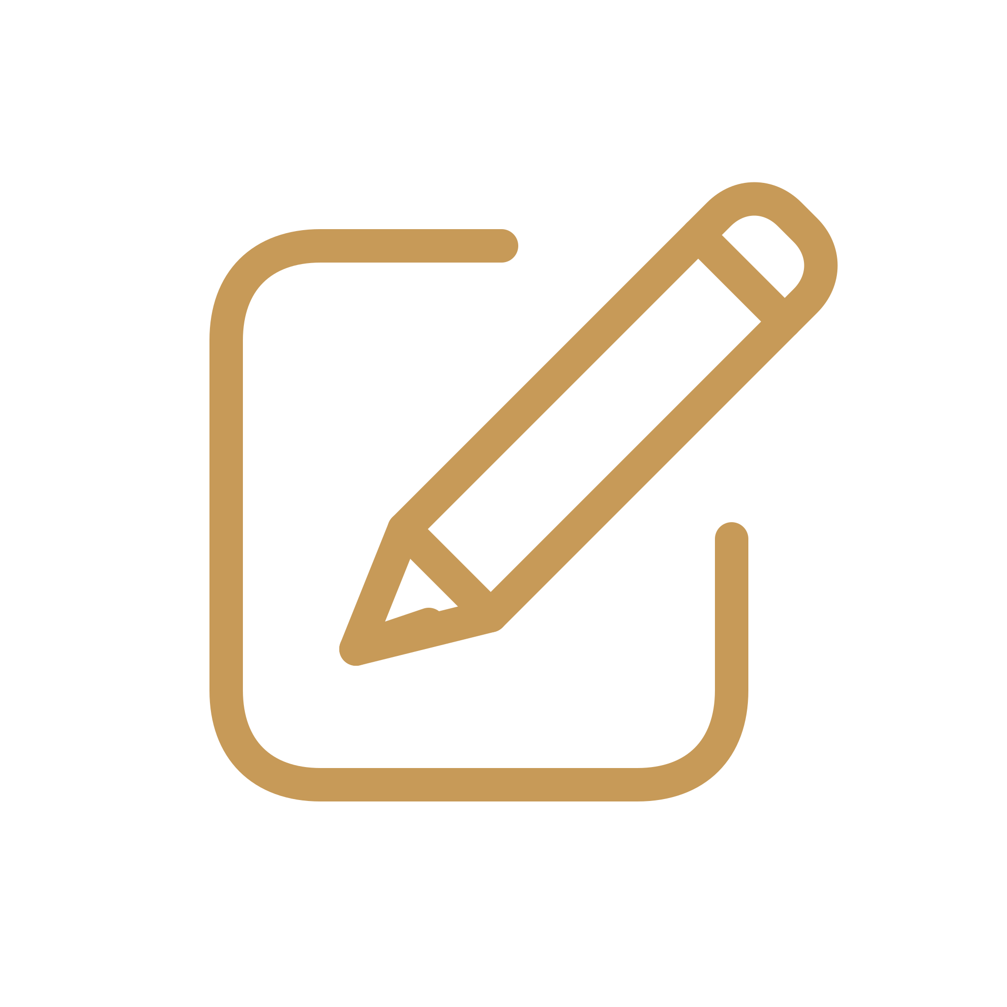 A simple line drawing of a pencil within a rounded square icon, colored in gold with a black outline.