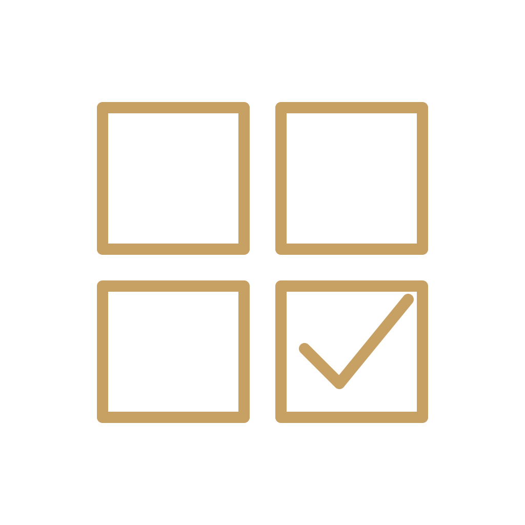 A black background with four brown square checkboxes, one in the bottom right corner marked with a brown checkmark.