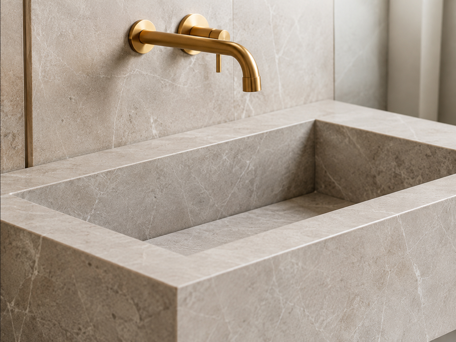Integrated warm grey stone basin with wall-mounted brass tap
